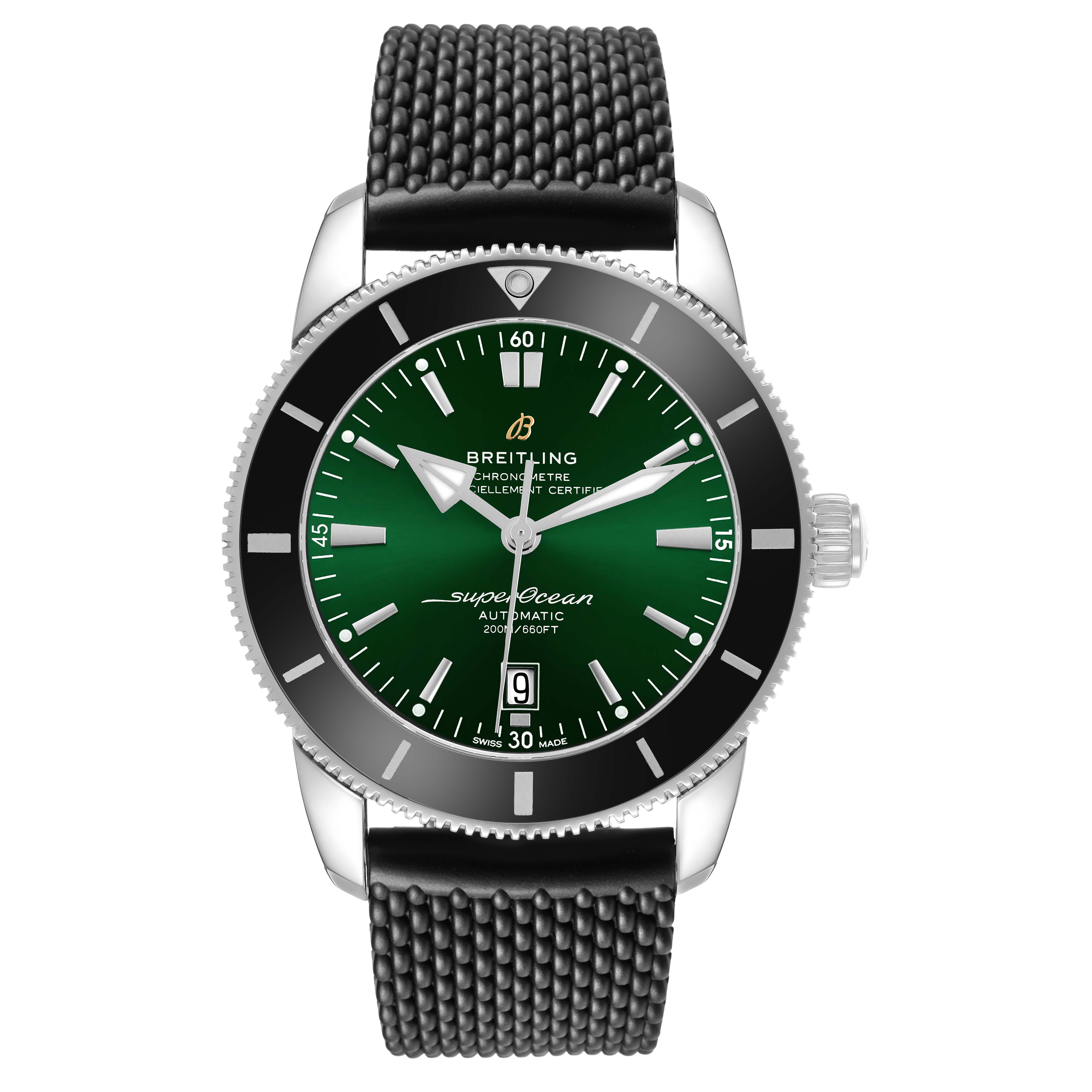 The Breitling Superocean AB2020121L1S1 Men's Stainless Steel Green Dial watch is shown from a front view, highlighting the green dial, bezel, crown, and mesh strap.
