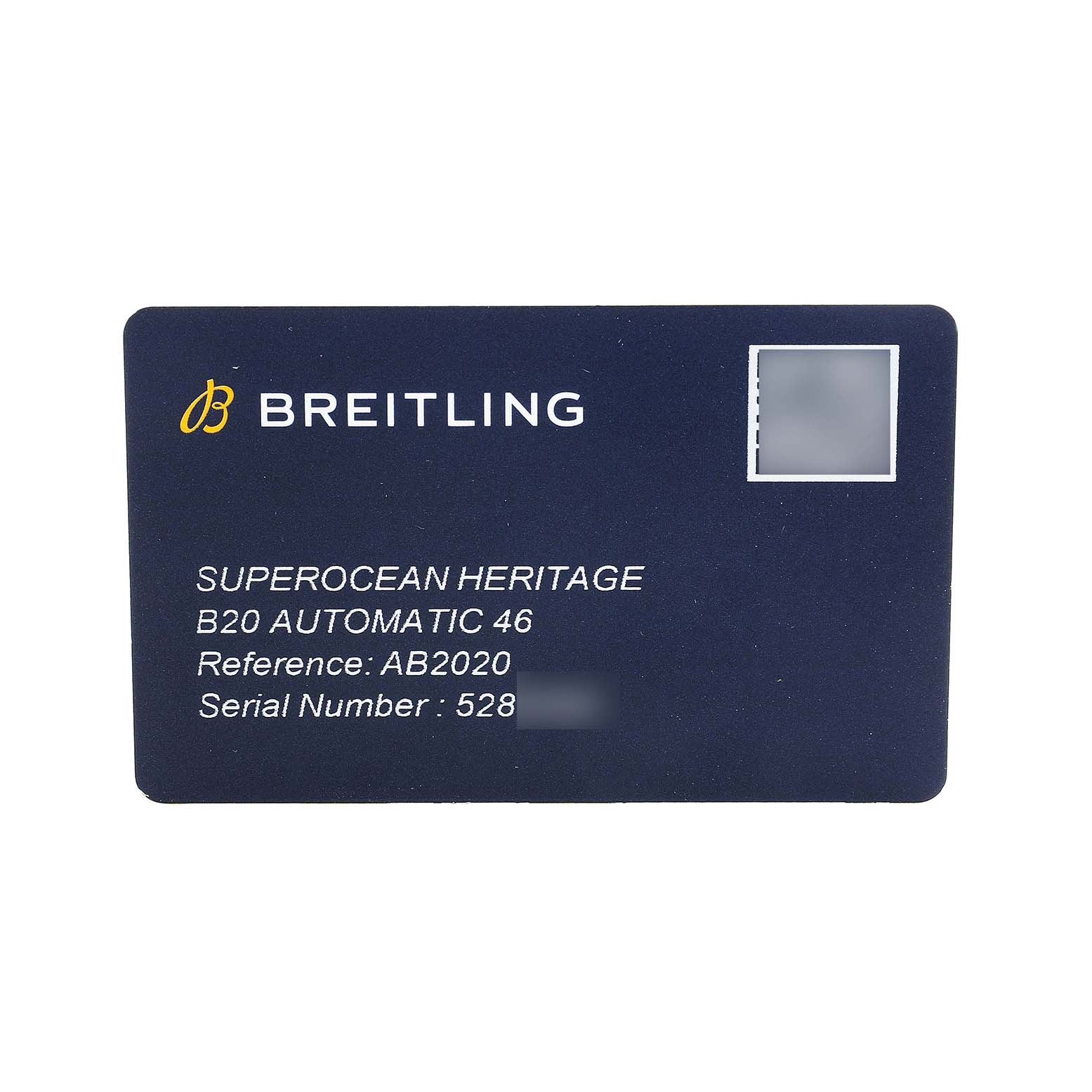 The image shows a Breitling Superocean AB2020121L1S1 Men's Stainless Steel Green Dial Heritage warranty card with reference and serial numbers displayed.