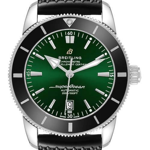 The Breitling Superocean AB2020121L1S1 Men's Stainless Steel Green Dial watch is shown from the front, highlighting its green dial, bezel, and crown.