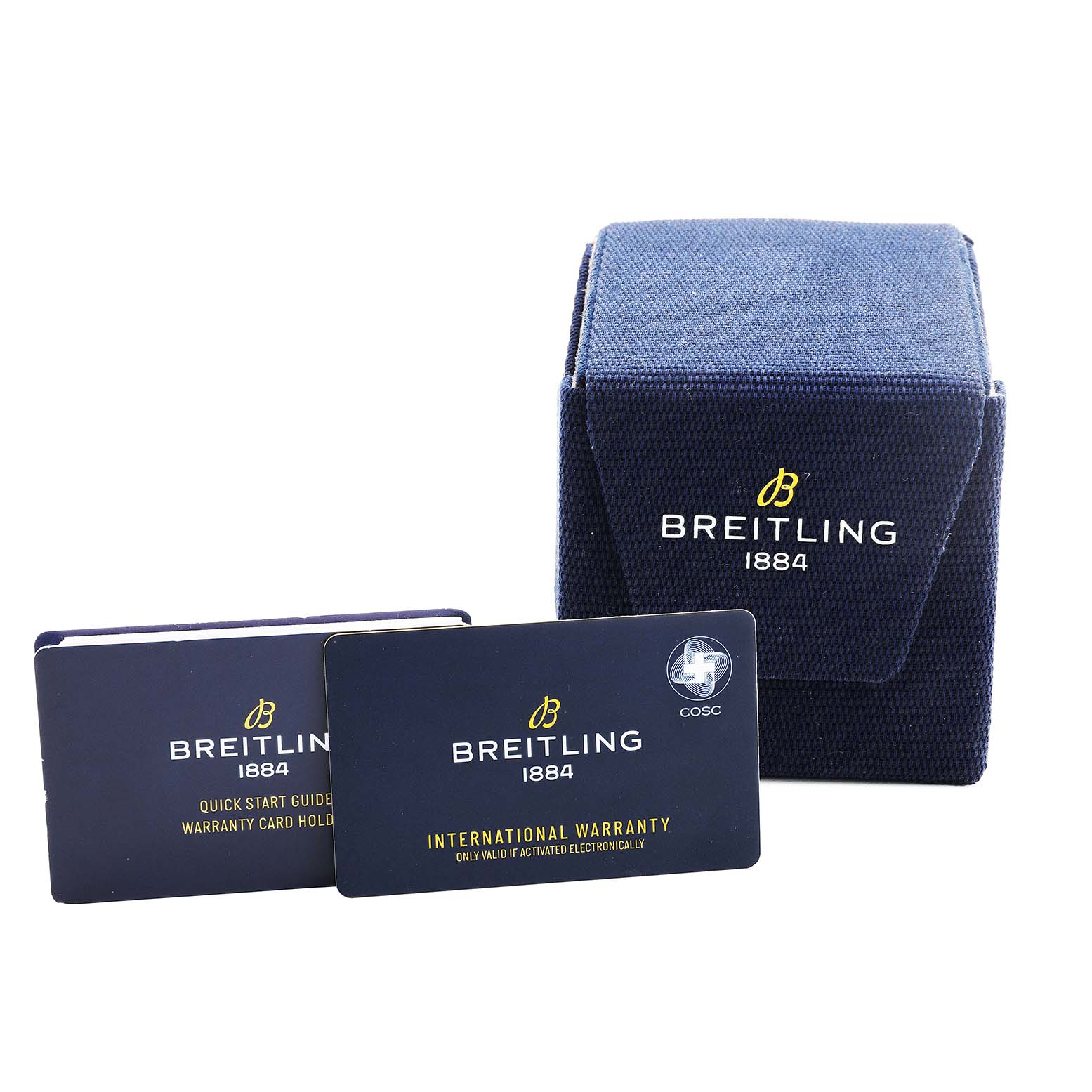 The image shows a Breitling Superocean AB2020121L1S1 Men's Stainless Steel Green Dial watch box, warranty cards, and guide from a front angle.