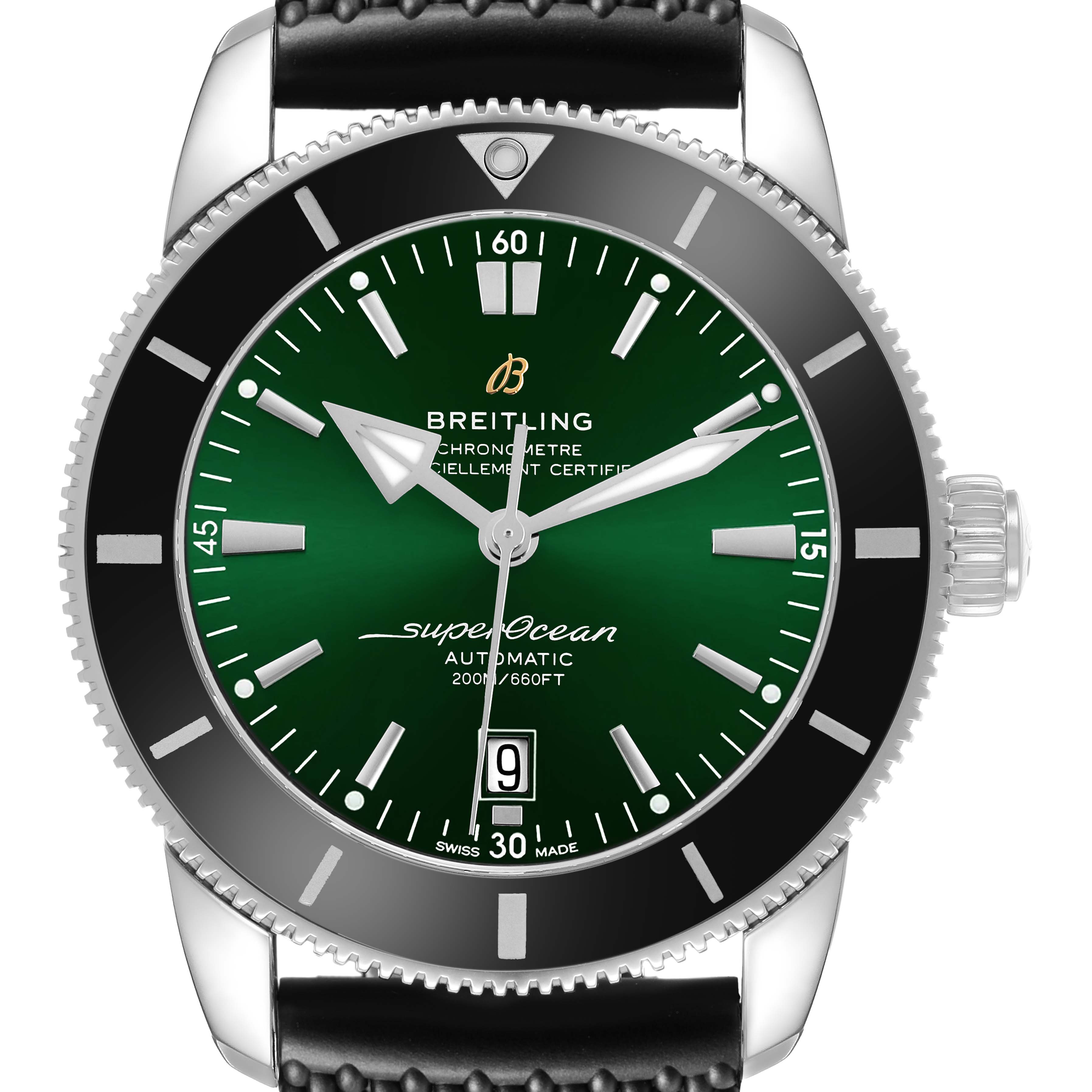 The Breitling Superocean AB2020121L1S1 Men's Stainless Steel Green Dial watch is shown from the front, highlighting its green dial, bezel, hands, indices, and crown.