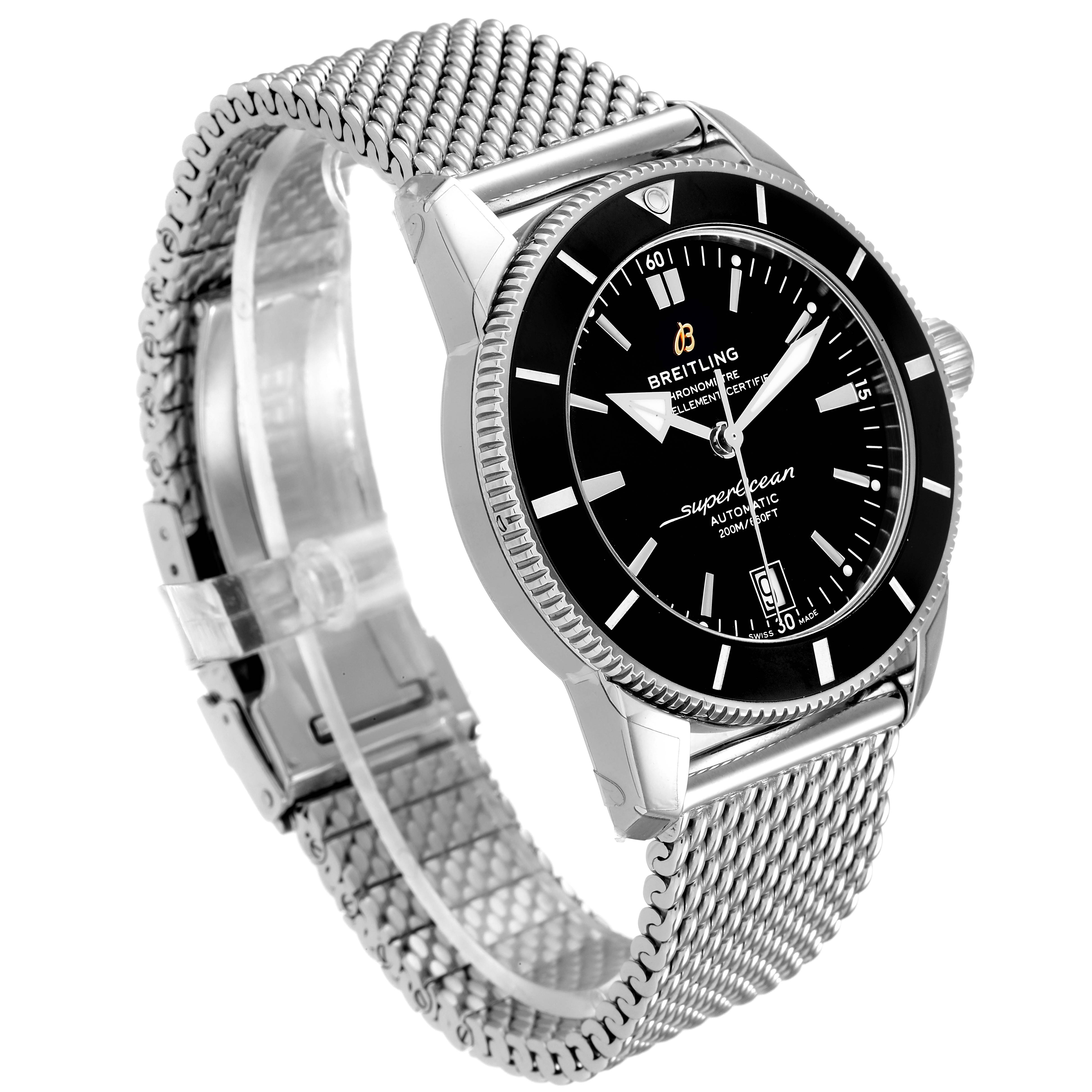 The image shows a Breitling Superocean AB2010161C1A1 Men
s Stainless Steel Black Dial AB2010161C1A1 Men
s Stainless Steel Black Dial watch at a slight angle, highlighting its black dial, bezel, and mesh bracelet.