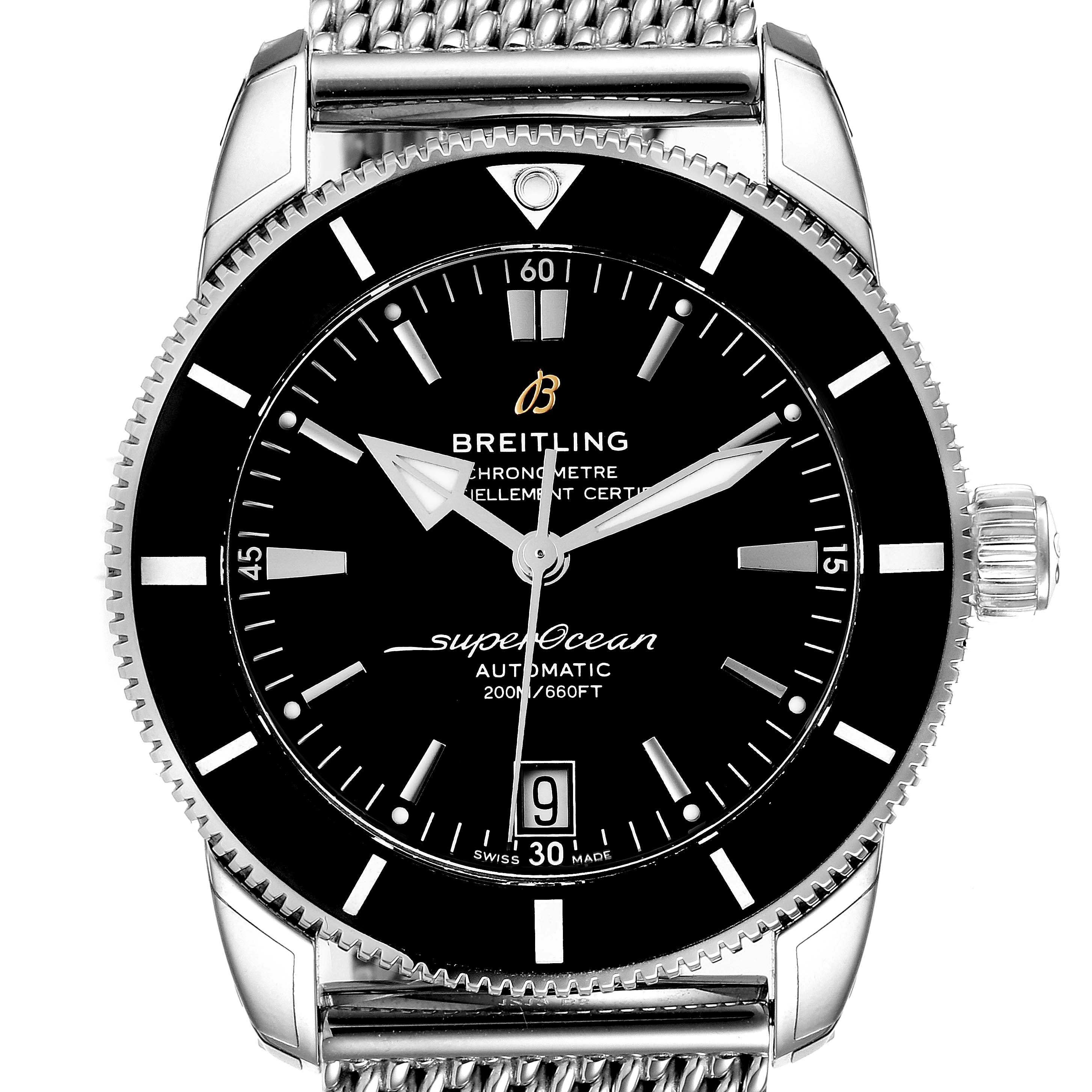 This Breitling Superocean AB2010161C1A1 Men
s Stainless Steel Black Dial AB2010161C1A1 Men
s Stainless Steel Black Dial watch is shown from the front, highlighting its black dial, hands, bezel, and metal mesh strap.