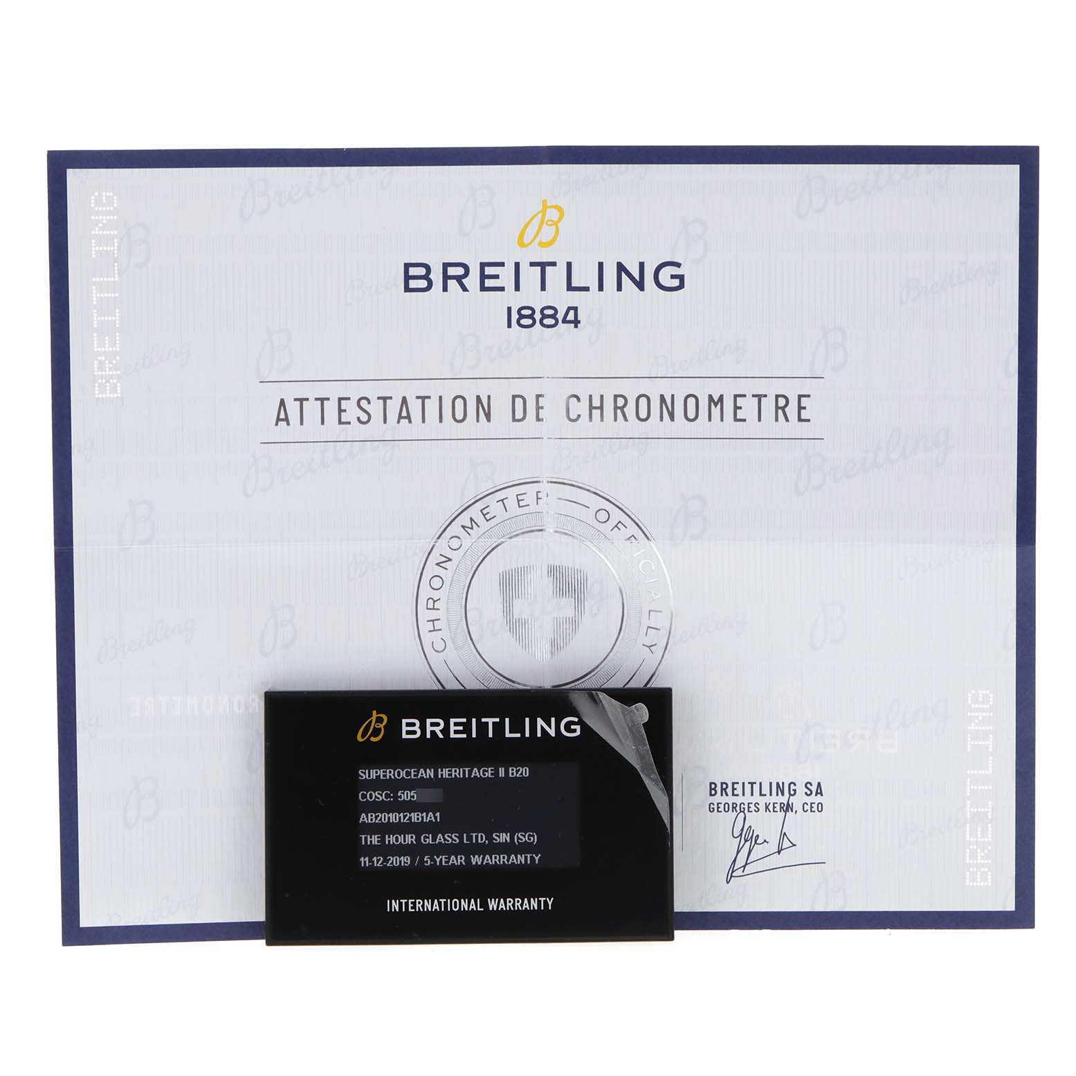 The image shows the warranty card and certificate of the Breitling Superocean AB2010161C1A1 Men
s Stainless Steel Black Dial AB2010161C1A1 Men
s Stainless Steel Black Dial model.