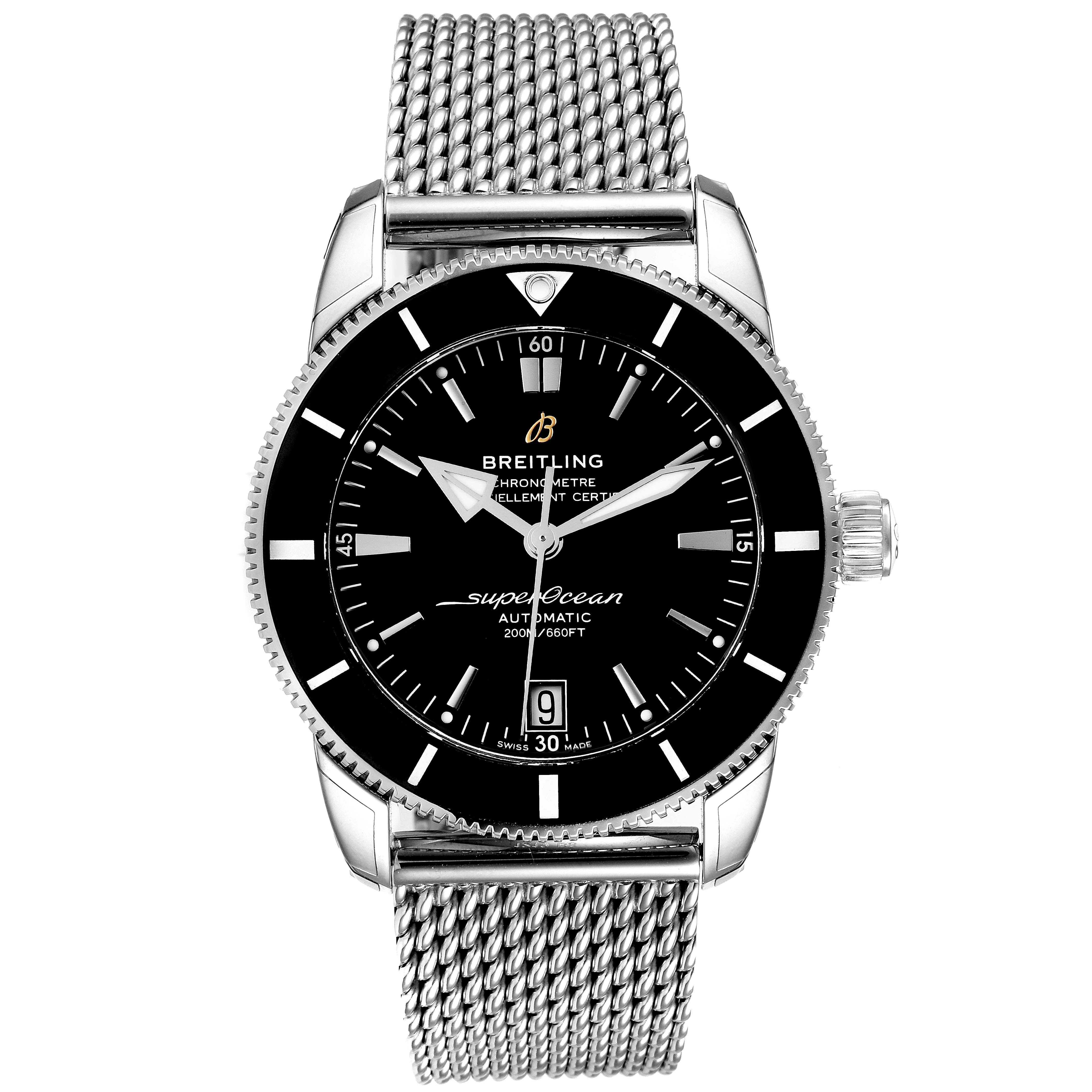 The image shows a front view of the Breitling Superocean AB2010161C1A1 Men
s Stainless Steel Black Dial AB2010161C1A1 Men
s Stainless Steel Black Dial watch, displaying its dial, bezel, crown, and mesh bracelet.