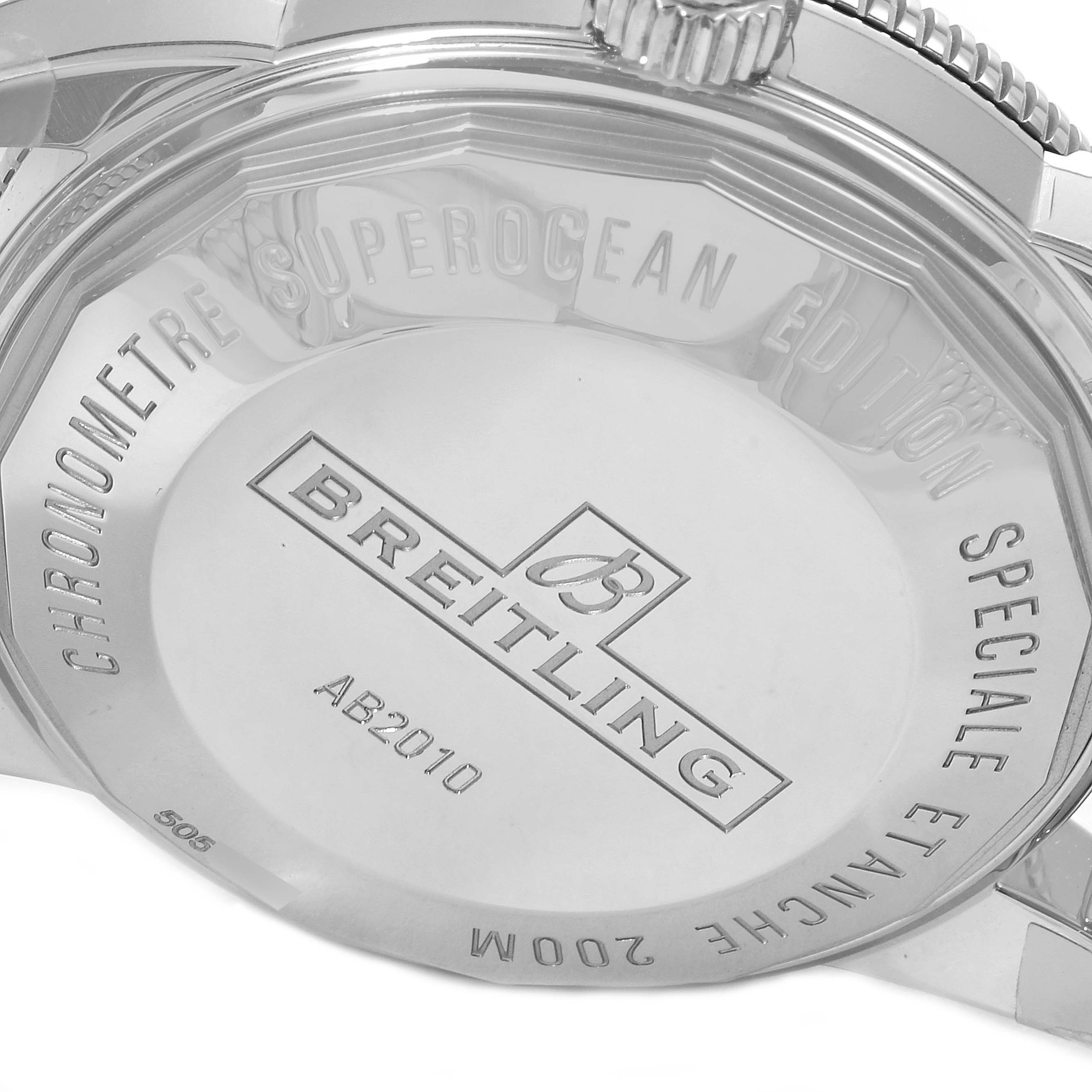 The image shows the back case of the Breitling Superocean AB2010161C1A1 Men
s Stainless Steel Black Dial AB2010161C1A1 Men
s Stainless Steel Black Dial watch, highlighting the brand engraving and specifications.
