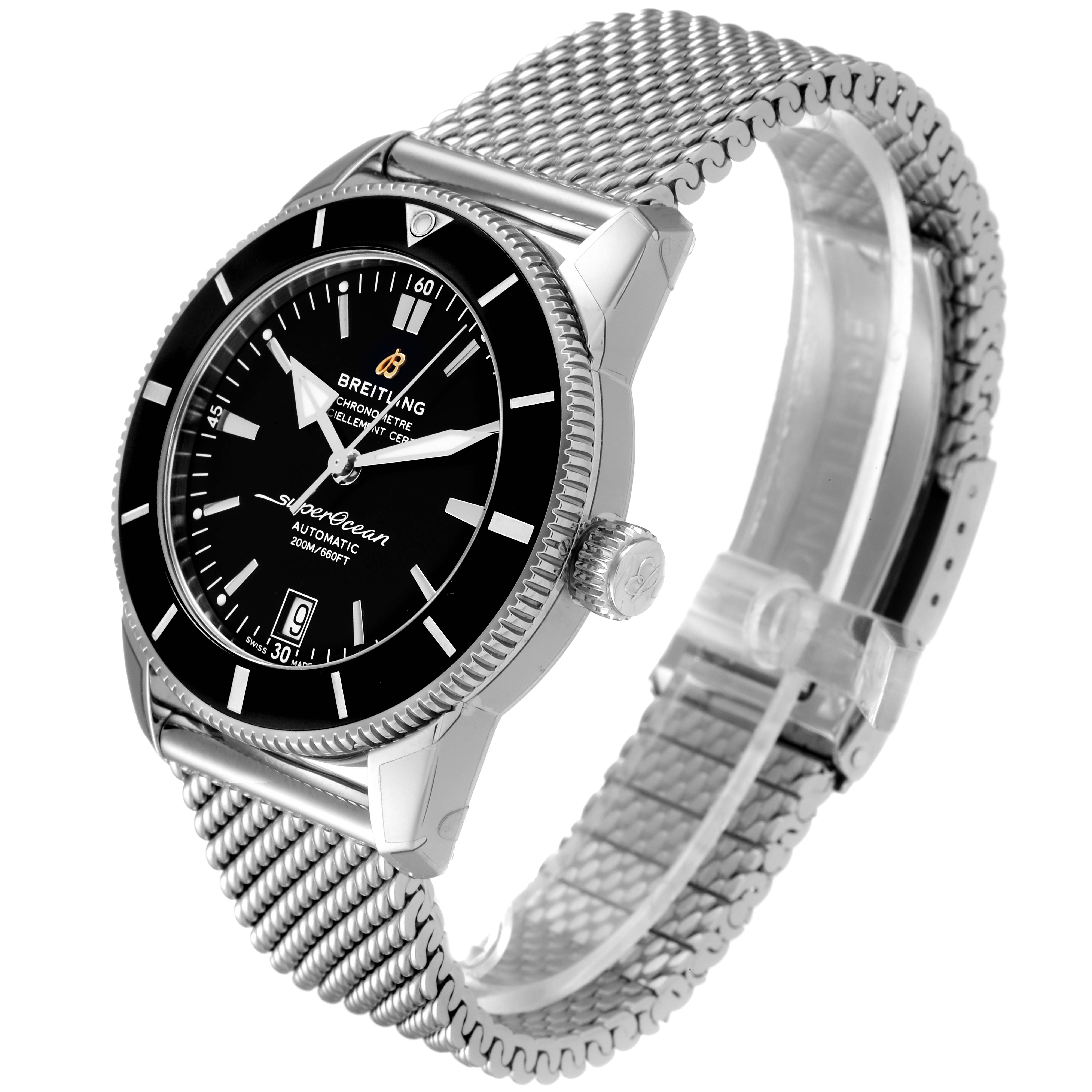 The image shows a side view of the Breitling Superocean AB2010161C1A1 Men
s Stainless Steel Black Dial AB2010161C1A1 Men
s Stainless Steel Black Dial watch, highlighting its face, bezel, crown, and metal mesh strap.