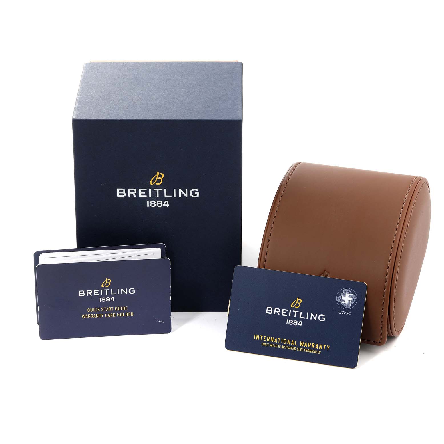 The image shows the packaging, a brown leather case, and warranty cards for a Breitling Superocean AB2010 Men's Stainless Steel Blue Dial AB2010 Men's Stainless Steel Blue Dial watch.
