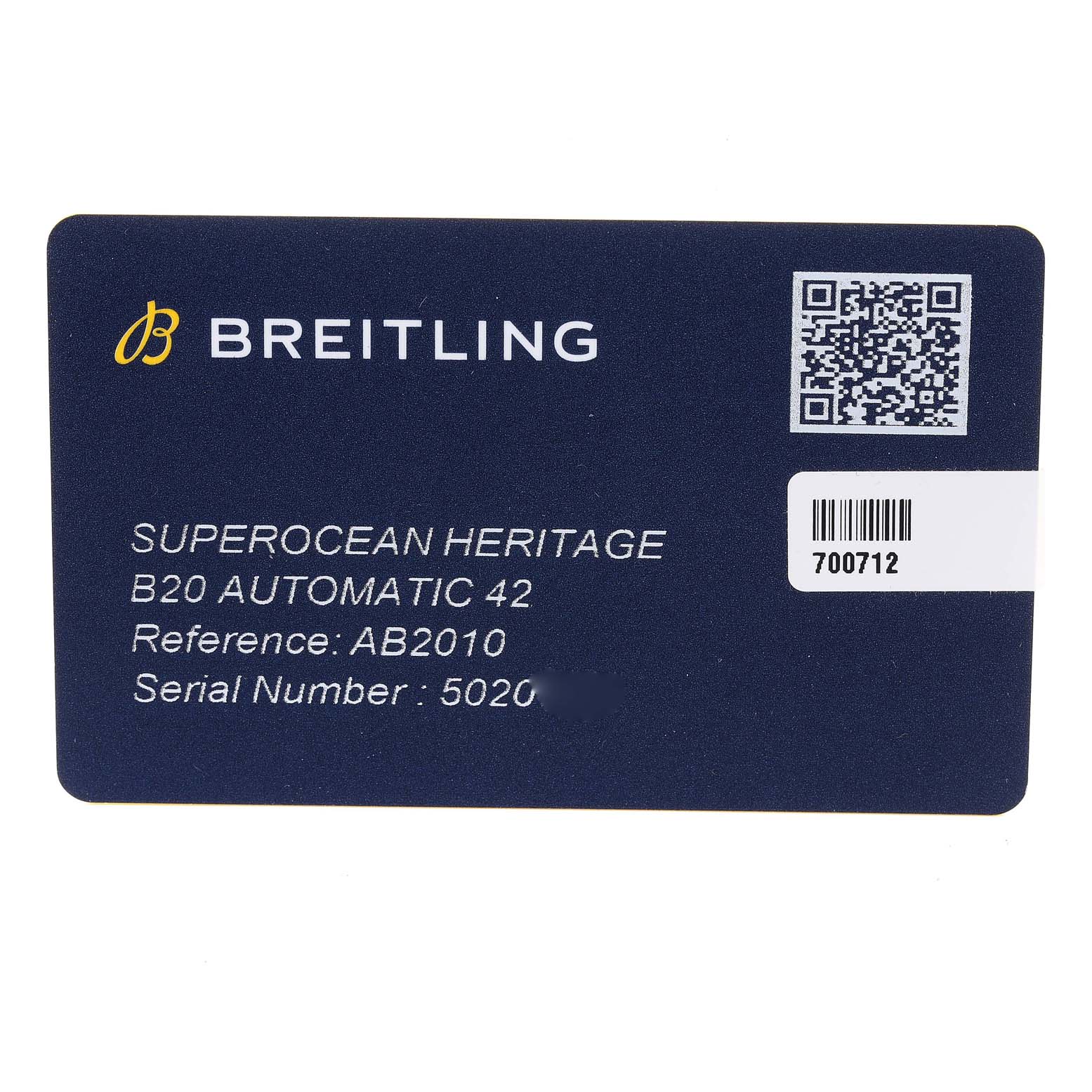This image shows the official card with details for the Breitling Superocean AB2010 Men's Stainless Steel Blue Dial AB2010 Men's Stainless Steel Blue Dial Heritage B20 Automatic 42 watch model.