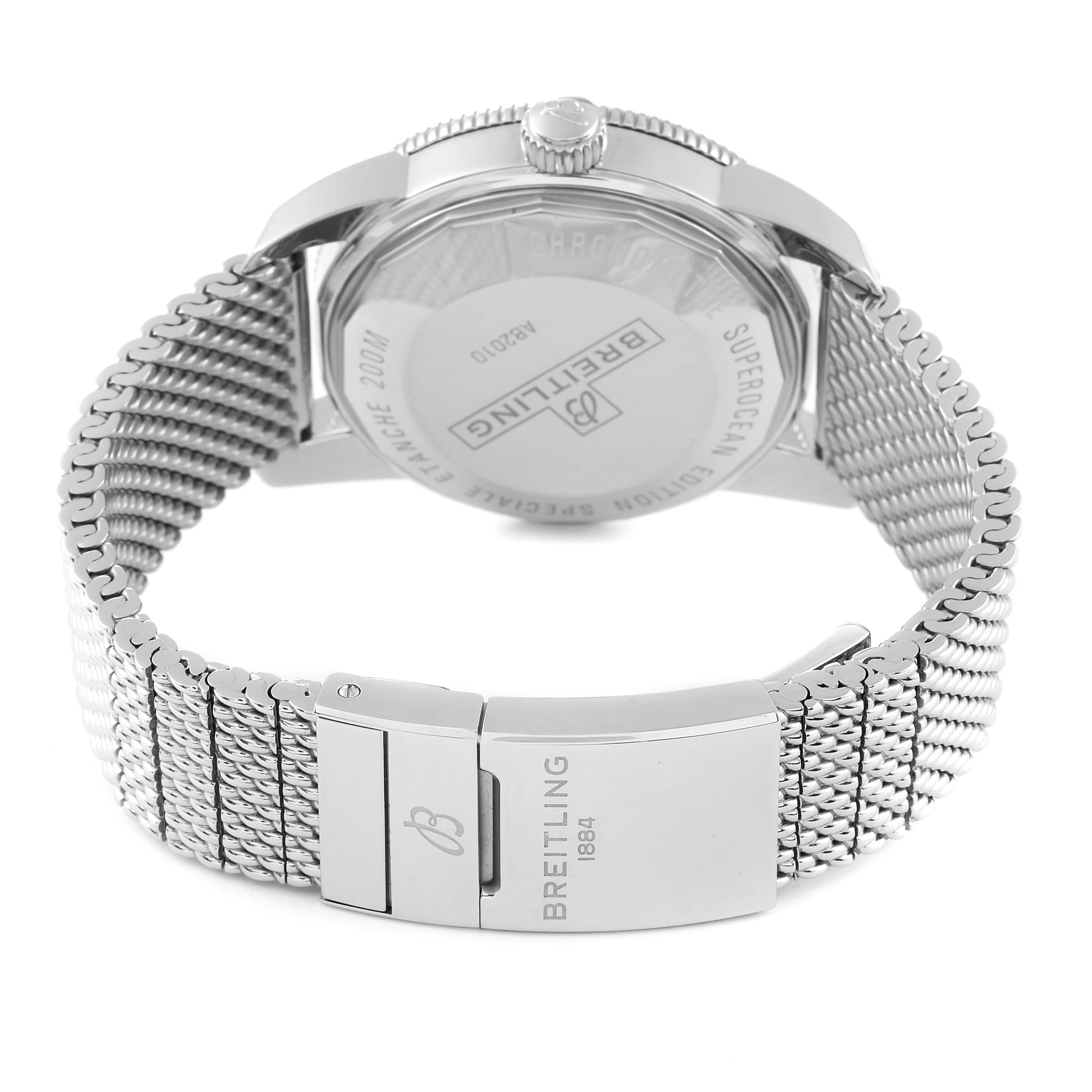 The image shows the back view of a Breitling Superocean AB2010 Men's Stainless Steel Blue Dial AB2010 Men's Stainless Steel Blue Dial watch, focusing on the case back and metal bracelet with the brand's clasp.