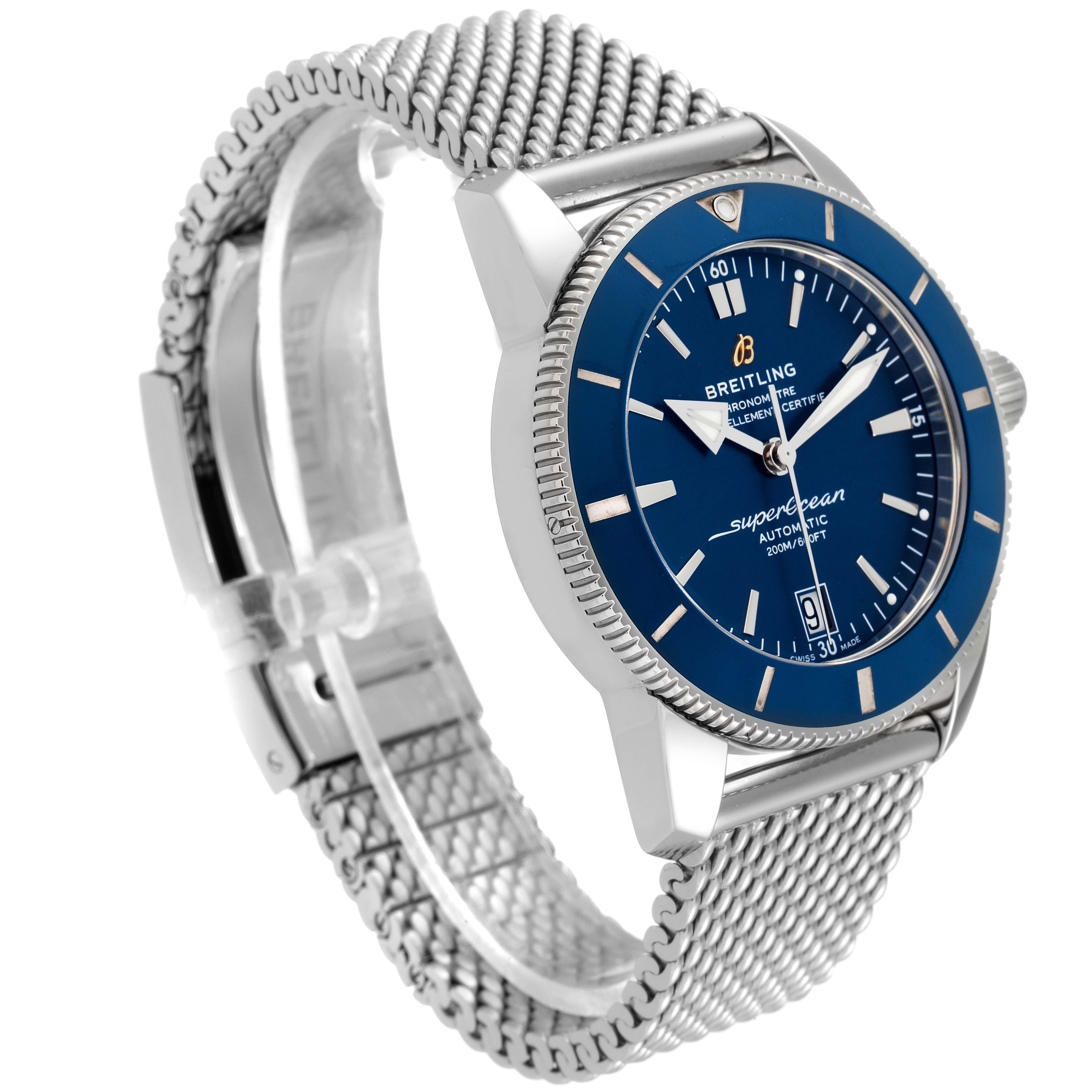 This image shows a Breitling Superocean AB2010 Men's Stainless Steel Blue Dial AB2010 Men's Stainless Steel Blue Dial watch at a three-quarter angle, highlighting the blue dial, mesh bracelet, and bezel.