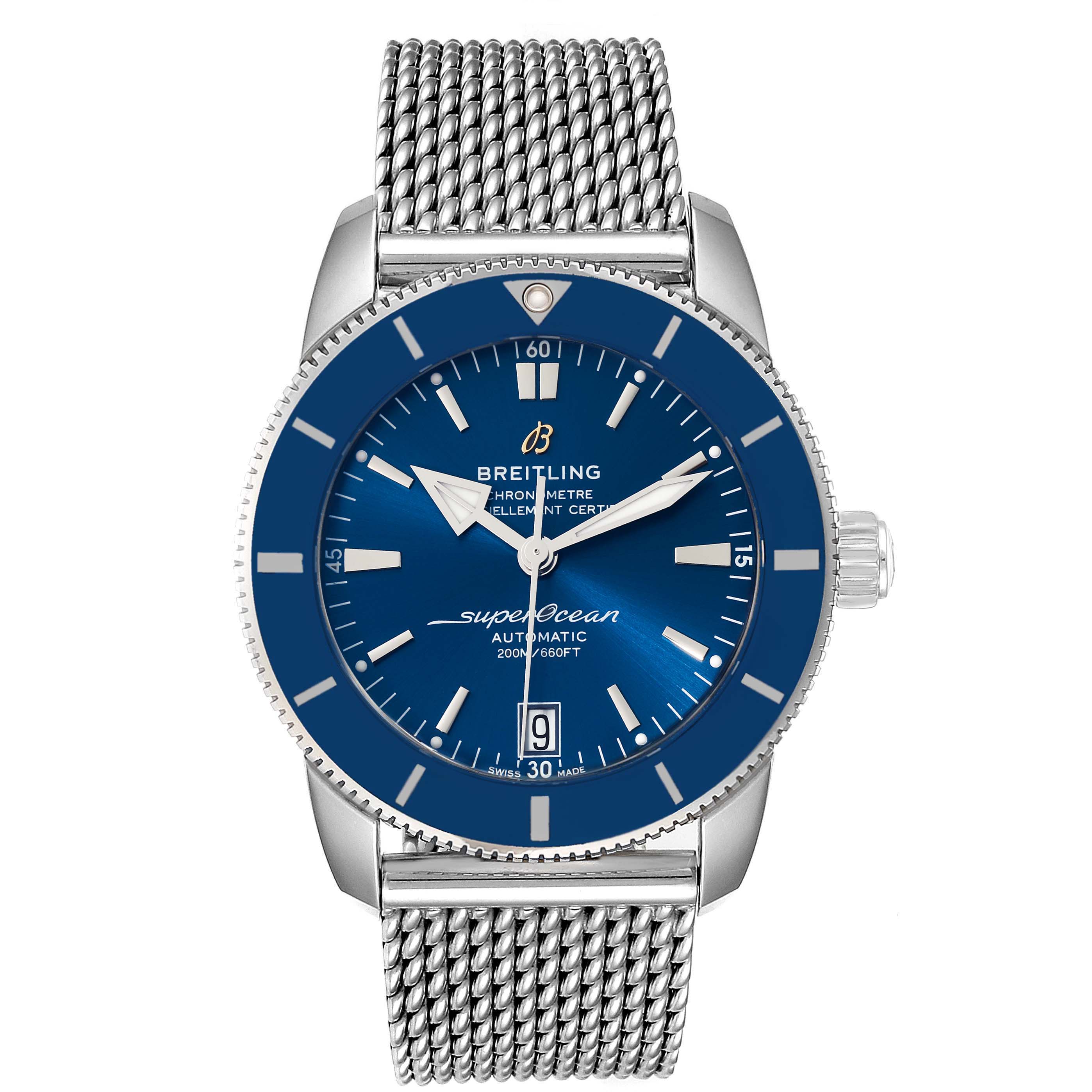 The image shows a frontal view of a Breitling Superocean AB2010 Men's Stainless Steel Blue Dial AB2010 Men's Stainless Steel Blue Dial watch with a blue dial and a mesh metal strap.