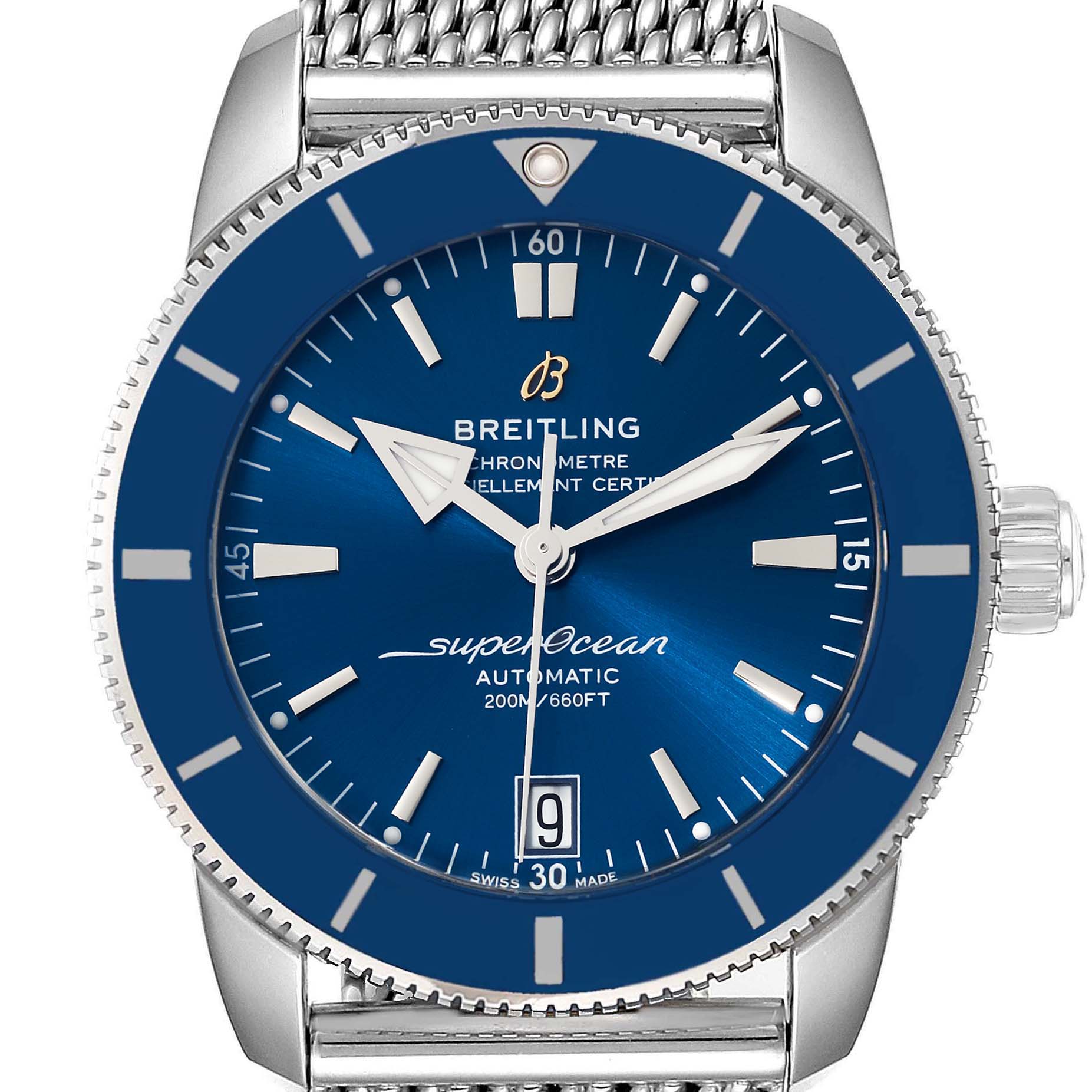 The image shows a front view of the Breitling Superocean AB2010 Men's Stainless Steel Blue Dial AB2010 Men's Stainless Steel Blue Dial watch with a blue dial and a metal mesh strap.