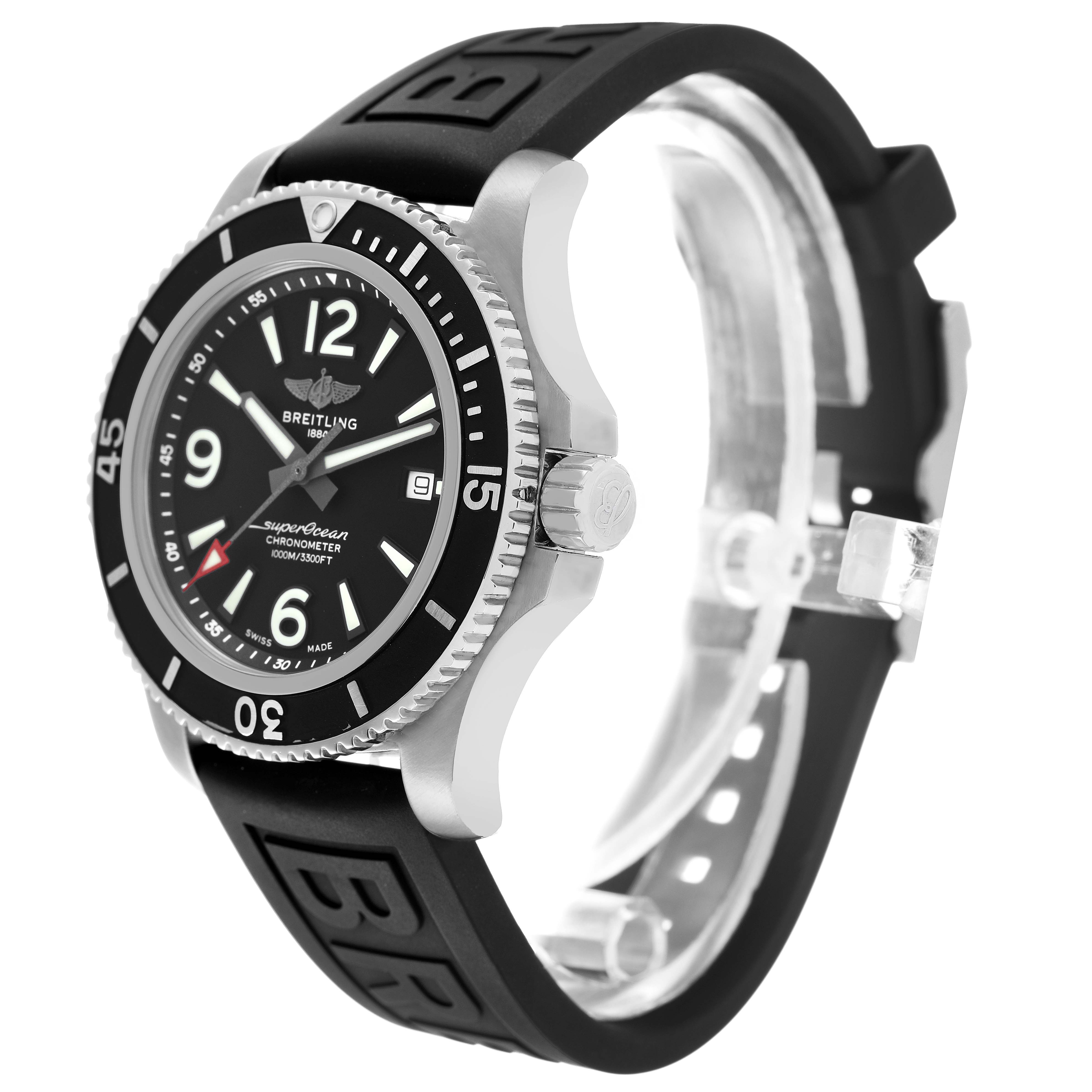 The Breitling Superocean A17367 Men's Stainless Steel Black Dial watch is shown at an oblique angle, highlighting the bezel, dial, crown, and strap.