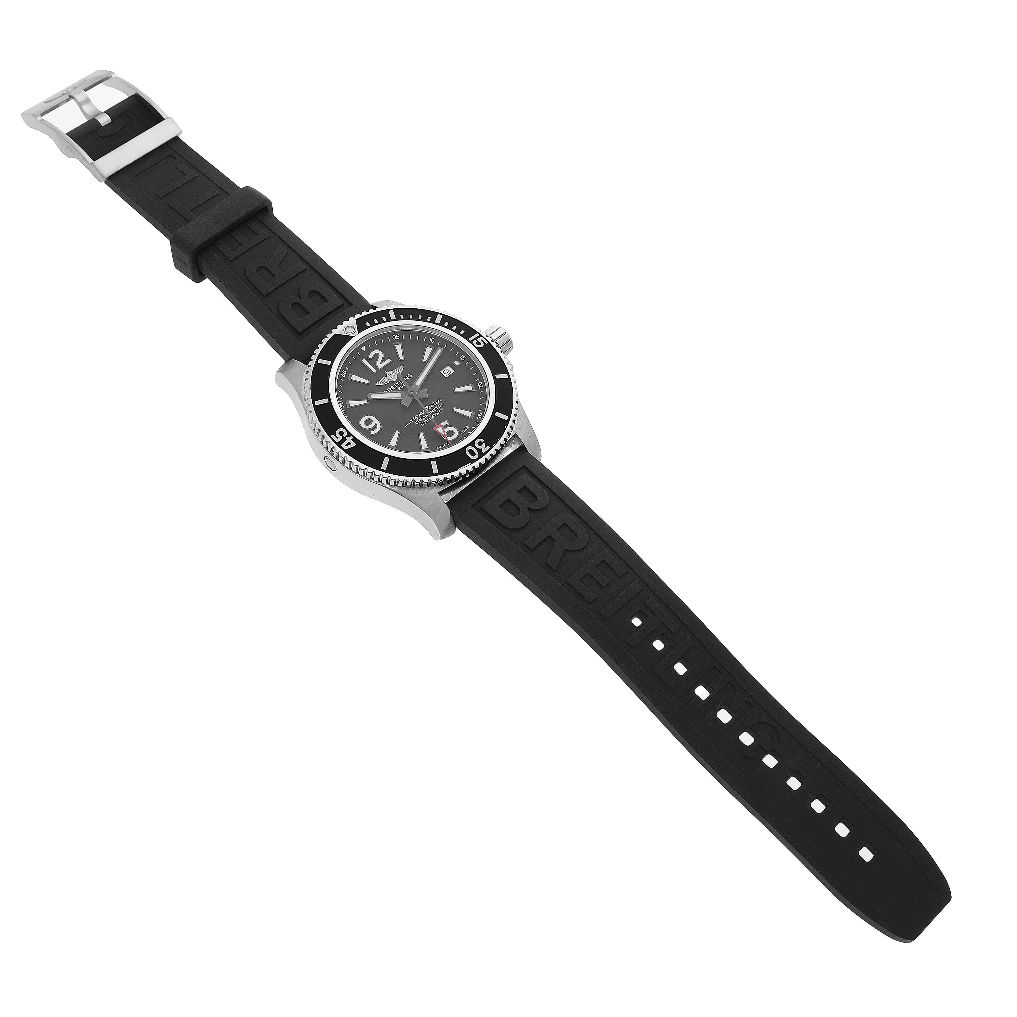 The Breitling Superocean A17367 Men's Stainless Steel Black Dial watch is shown at a three-quarter view, displaying its black dial, bezel, and rubber strap.