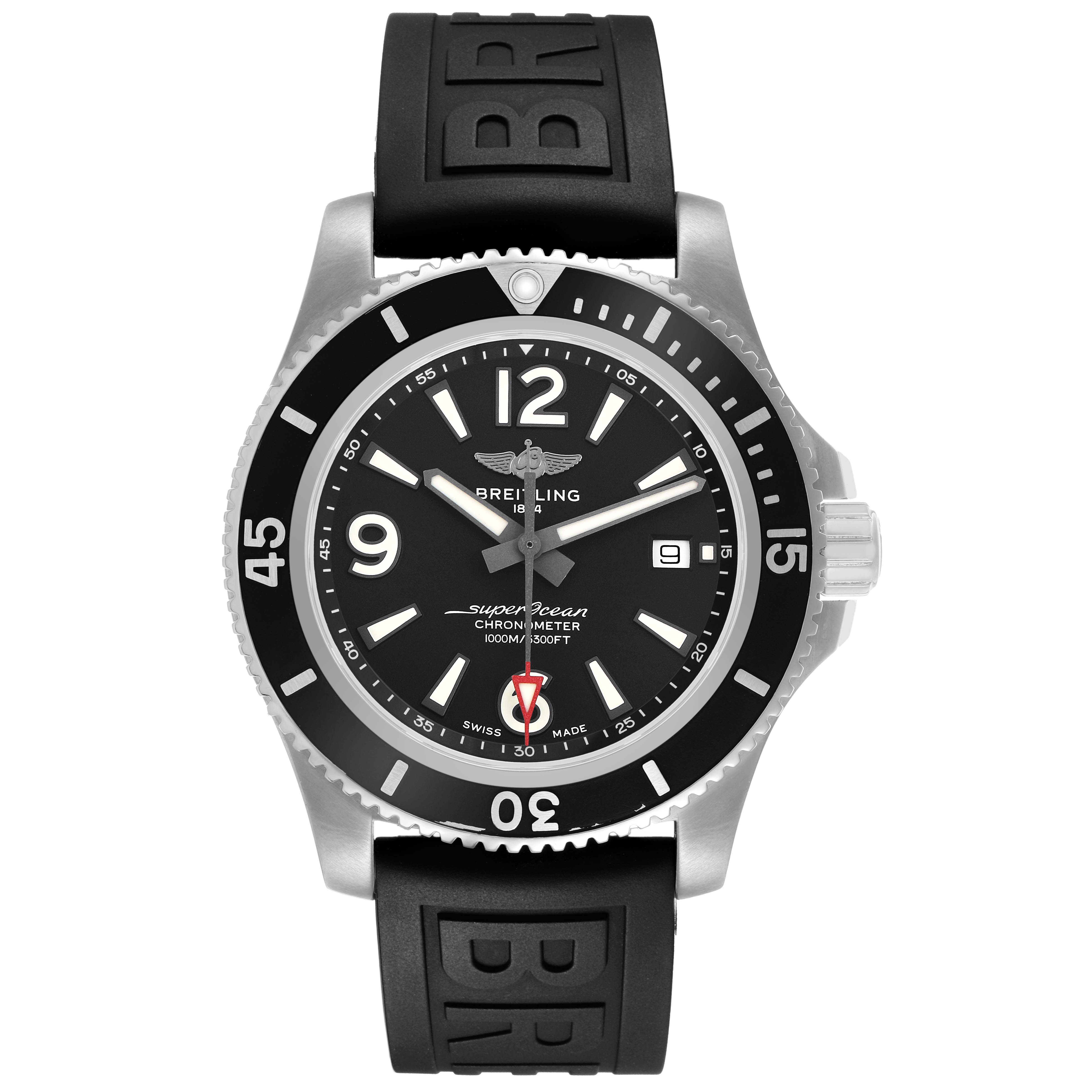 The Breitling Superocean A17367 Men's Stainless Steel Black Dial watch is shown from the front, highlighting the dial, bezel, and rubber strap.