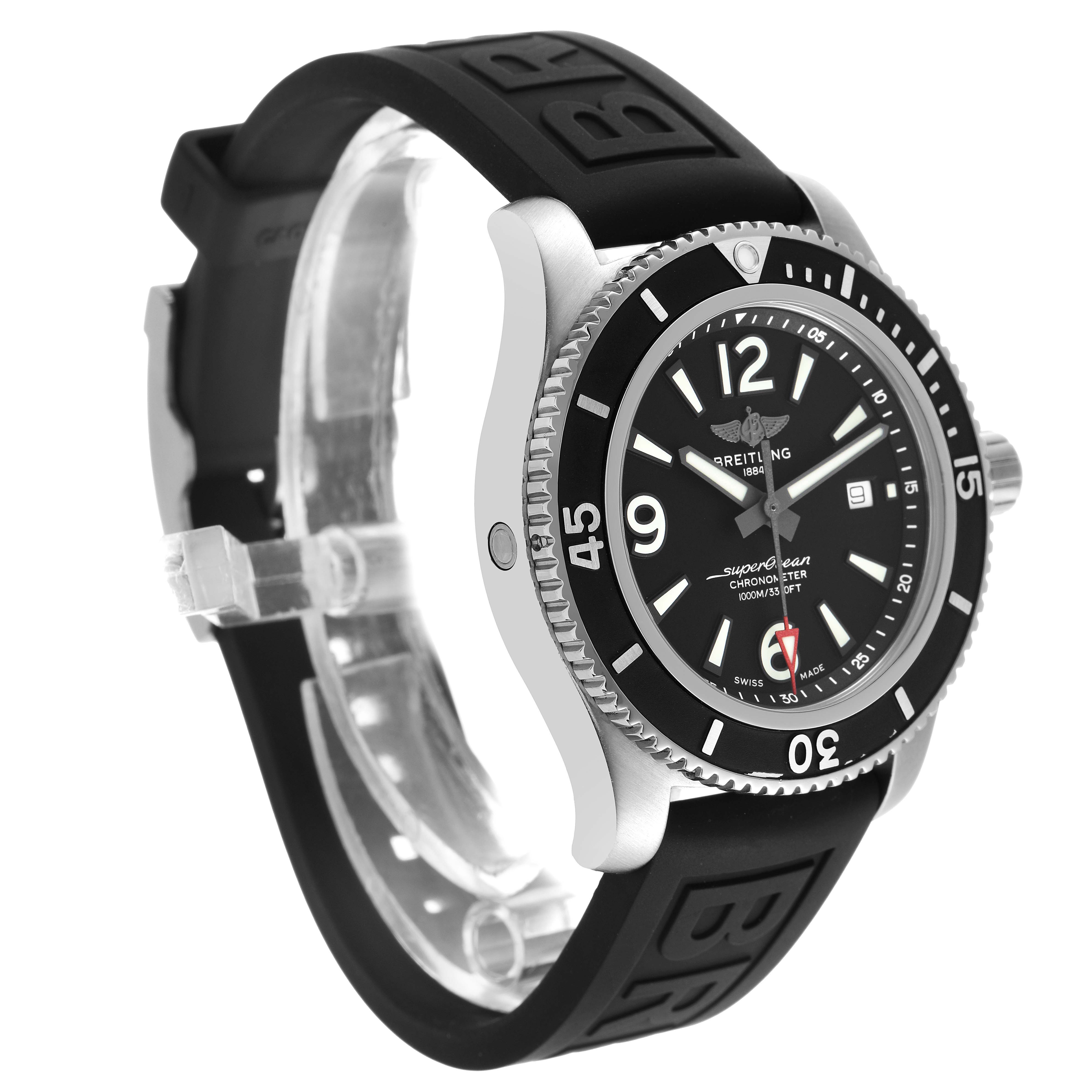 The Breitling Superocean A17367 Men's Stainless Steel Black Dial watch is shown at a three-quarter angle, highlighting the face, bezel, case, and black strap.