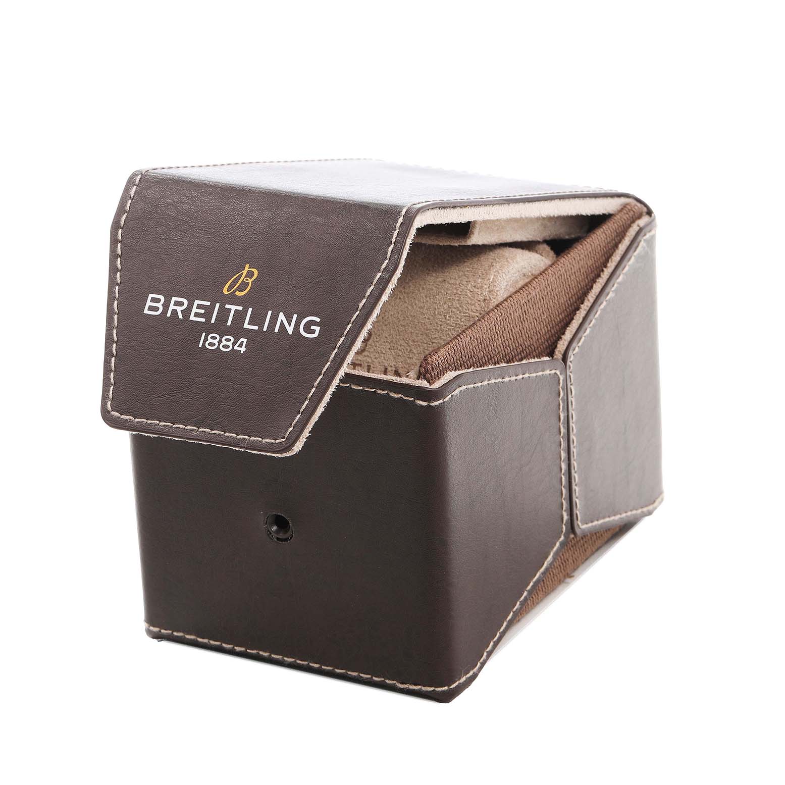 The image shows a Breitling Superocean A17367 Men's Stainless Steel Black Dial watch box partially open, viewed at an angle highlighting the top and side with branding.
