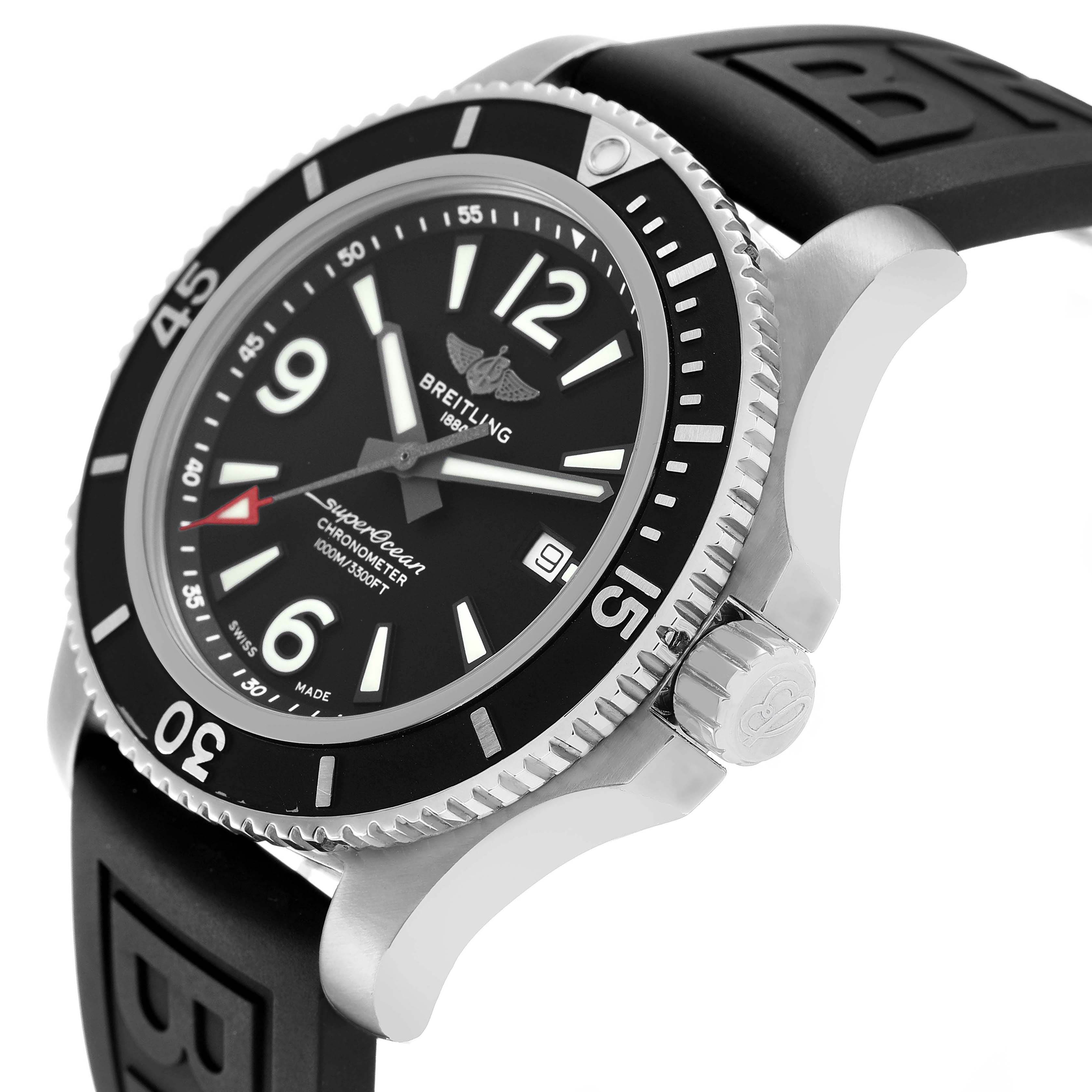 The Breitling Superocean A17367 Men's Stainless Steel Black Dial watch is shown at a side angle revealing the case, bezel, crown, and part of the strap.