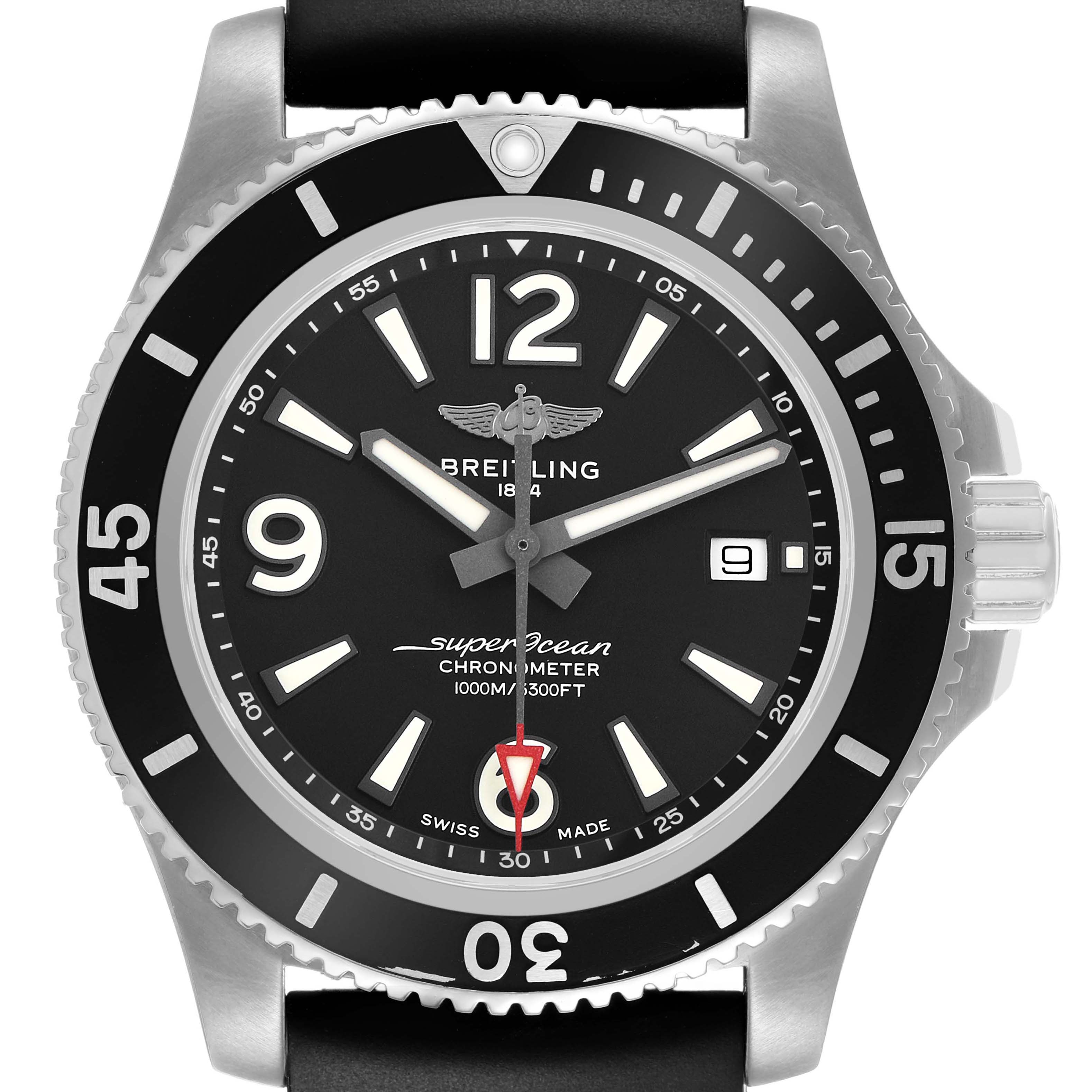 The Breitling Superocean A17367 Men's Stainless Steel Black Dial watch is shown from a front angle, highlighting the face, bezel, and crown.