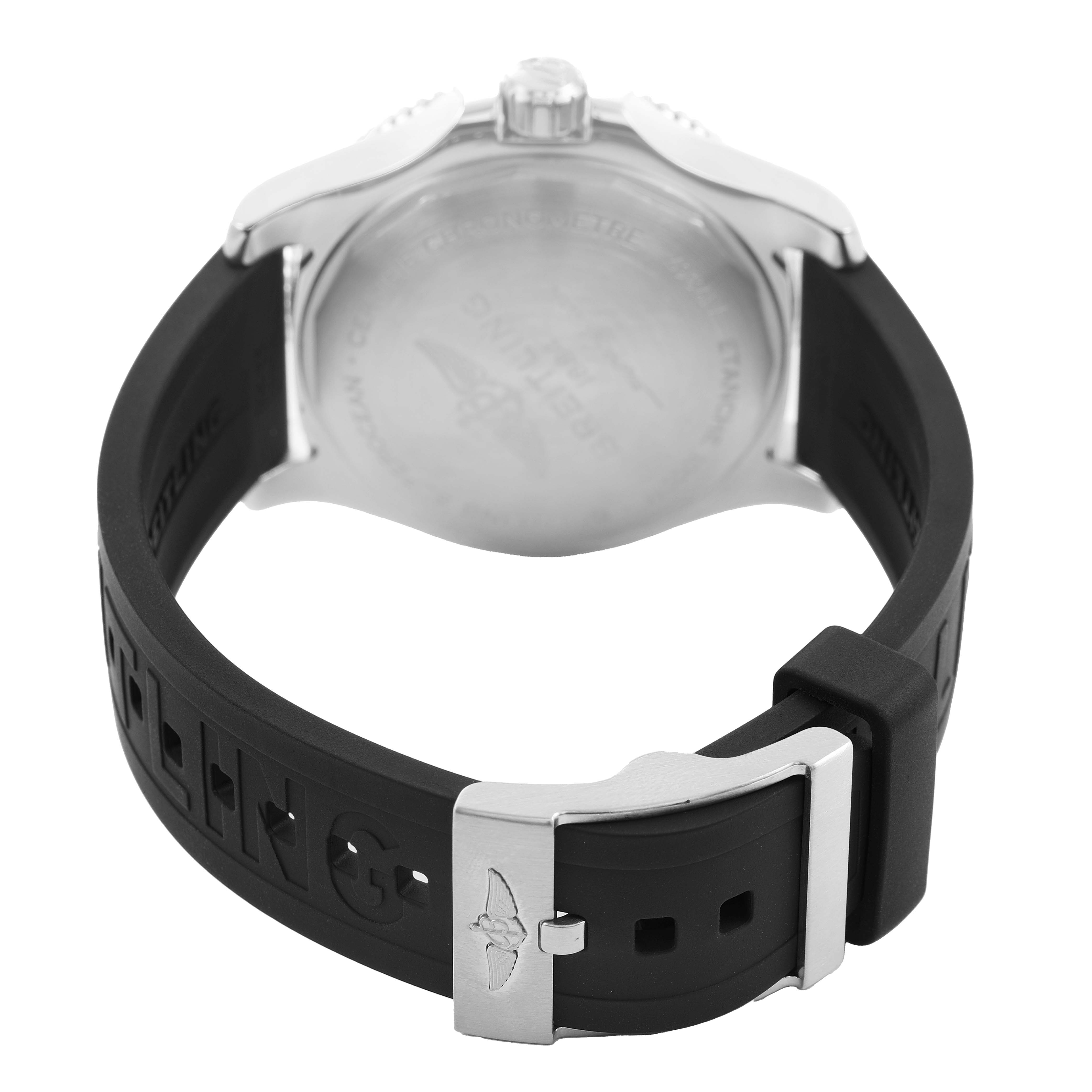 The image shows the back and clasp of a Breitling Superocean A17367 Men's Stainless Steel Black Dial, featuring a metal buckle and rubber strap.