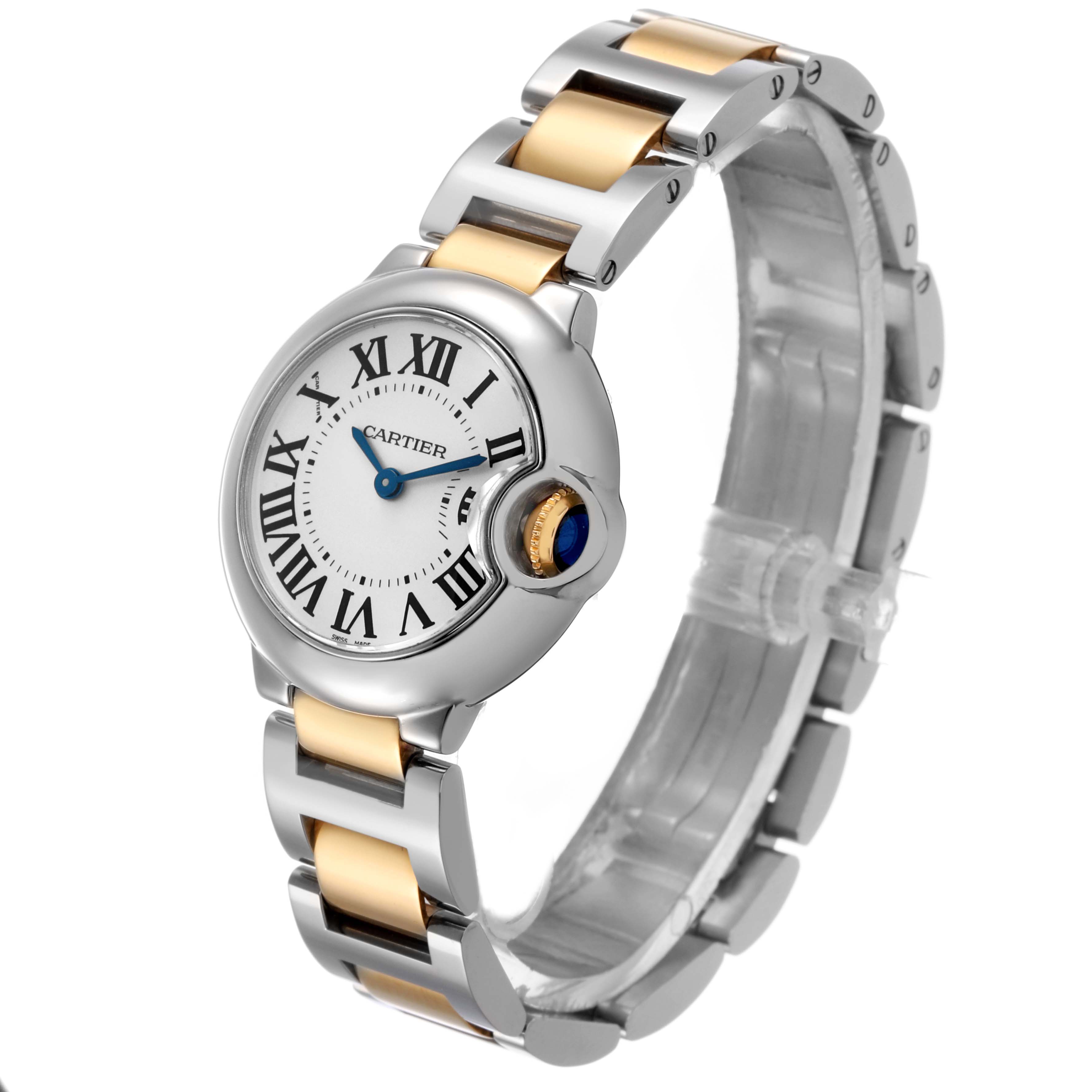 The Cartier Ballon Bleu W69007Z3 Women's Stainless Steel Silver Dial watch is shown at an angle displaying its face, bracelet, and crown.