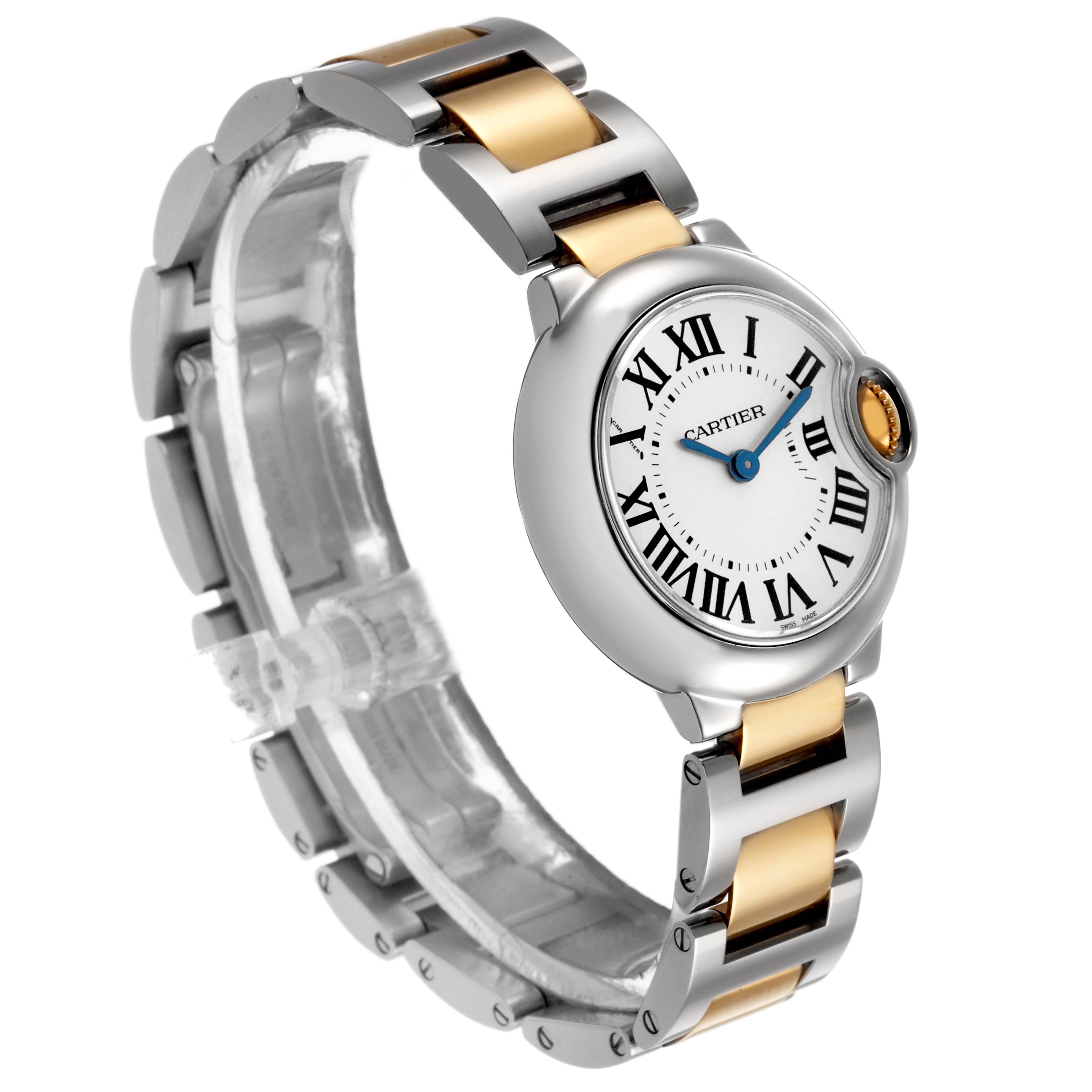 The Cartier Ballon Bleu W69007Z3 Women's Stainless Steel Silver Dial watch is shown at a three-quarter angle, highlighting the face, blue hands, Roman numerals, and two-tone bracelet.