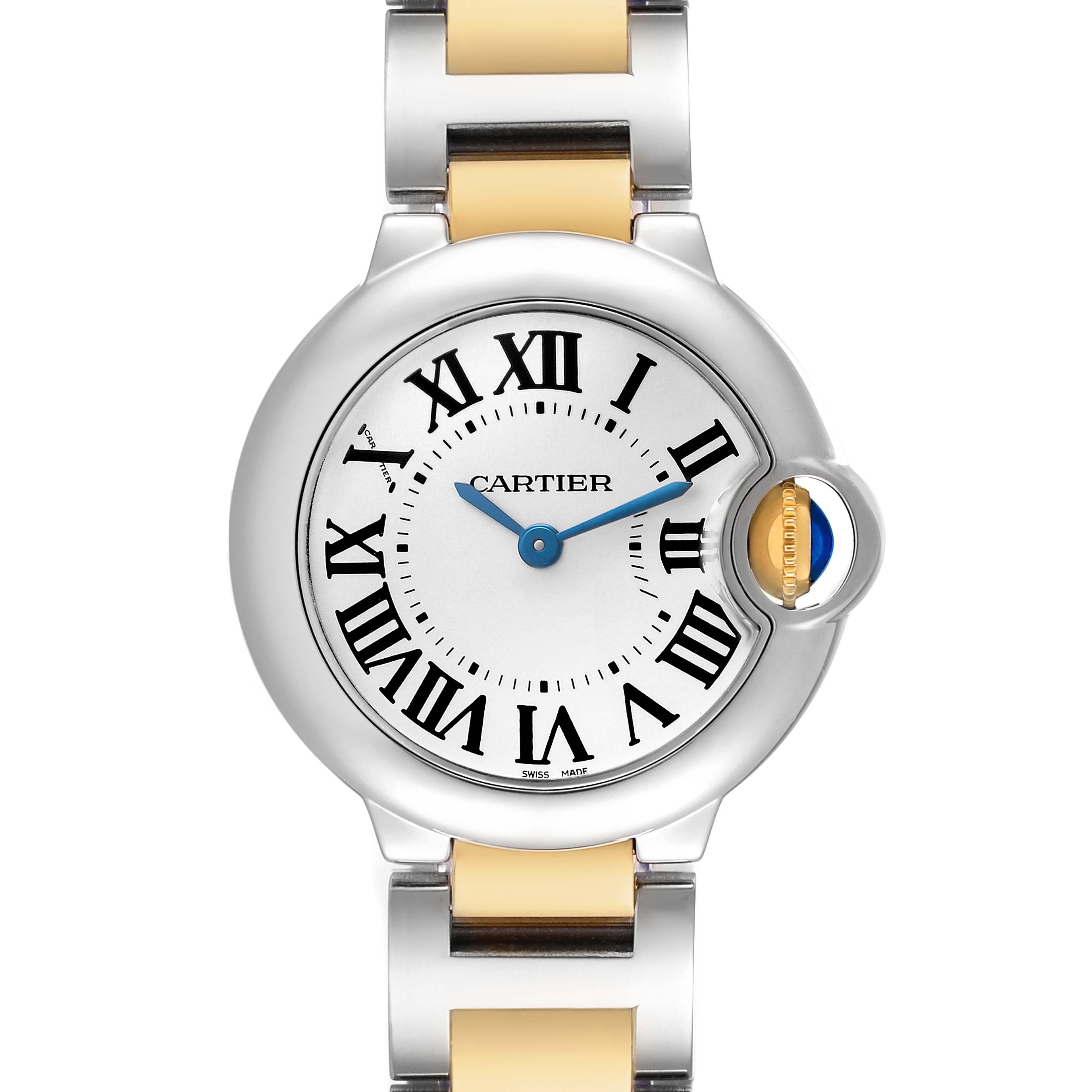 The Cartier Ballon Bleu W69007Z3 Women's Stainless Steel Silver Dial watch is shown from the front, highlighting the dial, Roman numerals, blue hands, and crown.