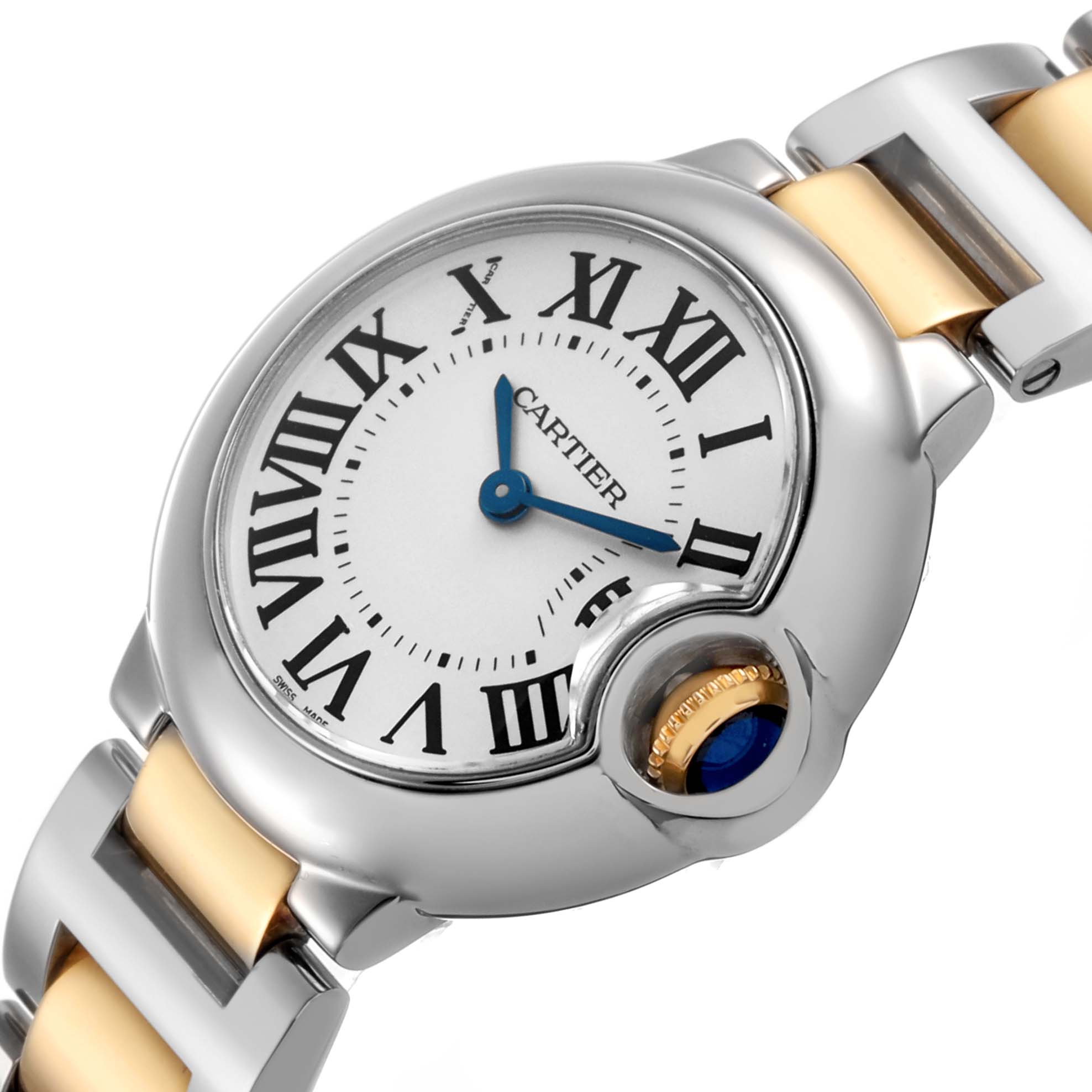 The Cartier Ballon Bleu W69007Z3 Women's Stainless Steel Silver Dial watch is shown from a front angle, highlighting the dial, Roman numerals, blue hands, and crown with a blue cabochon.
