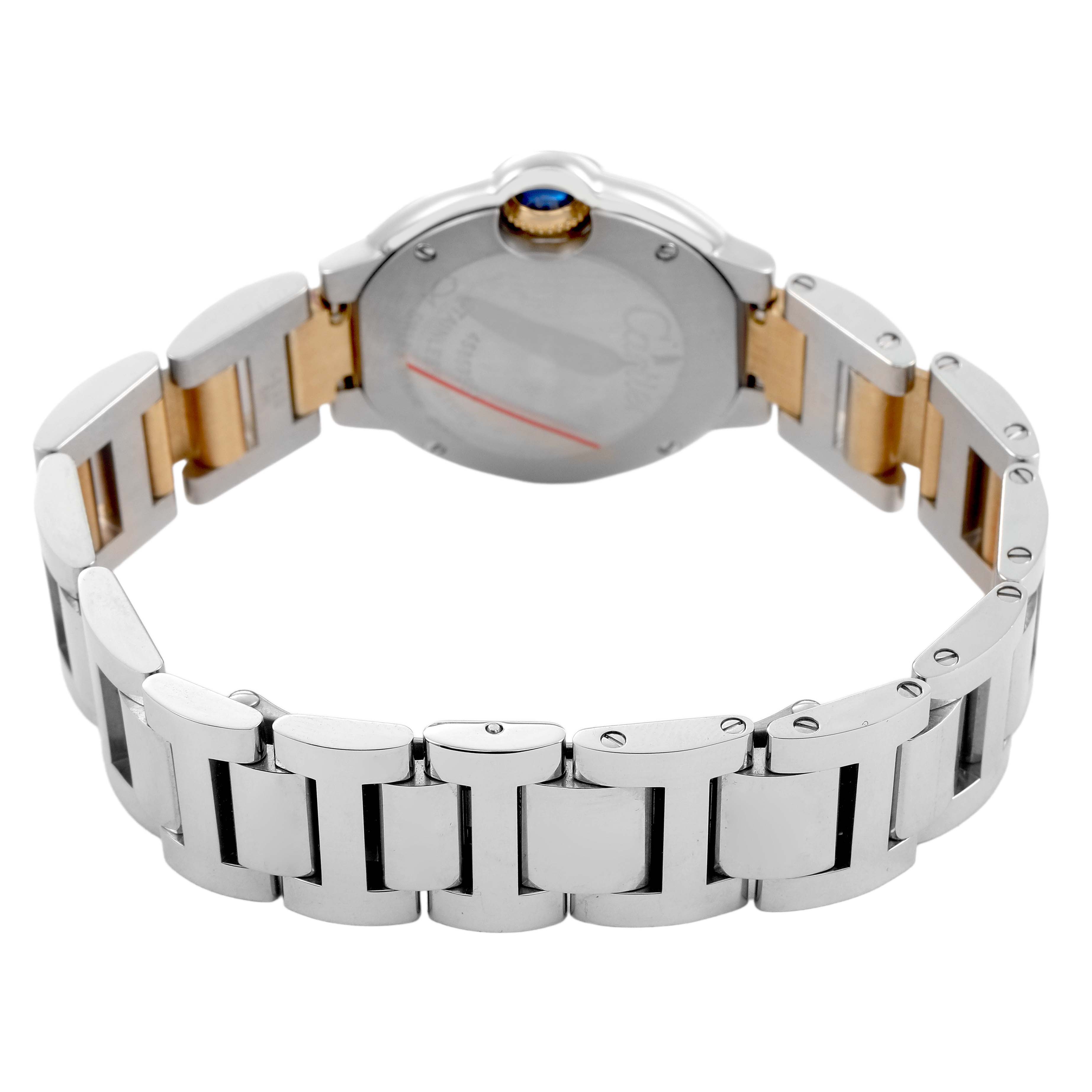 The image shows the back view of the Cartier Ballon Bleu W69007Z3 Women's Stainless Steel Silver Dial watch, highlighting the bracelet and case back.