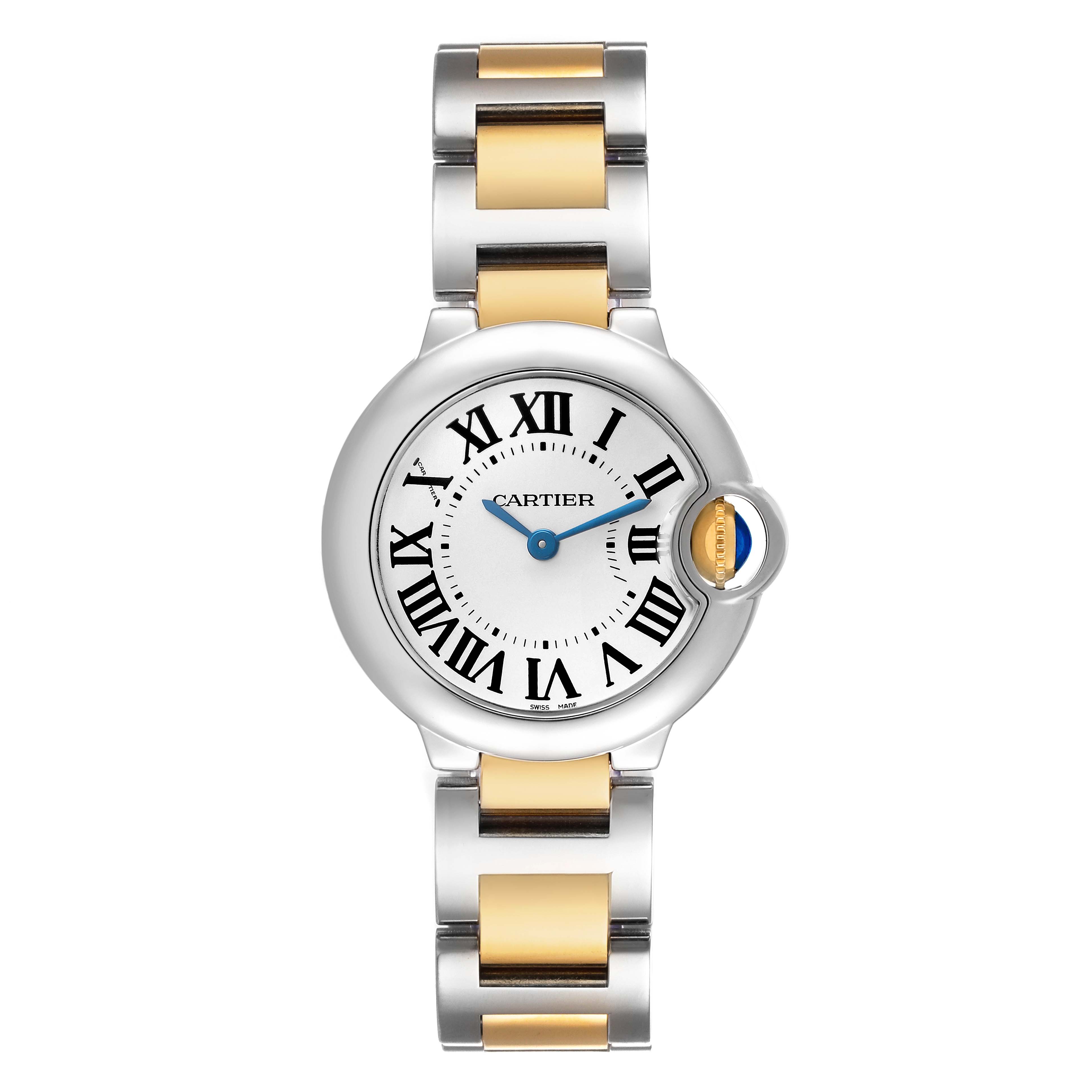 The Cartier Ballon Bleu W69007Z3 Women's Stainless Steel Silver Dial watch is shown from a top view, displaying its face and two-tone bracelet.