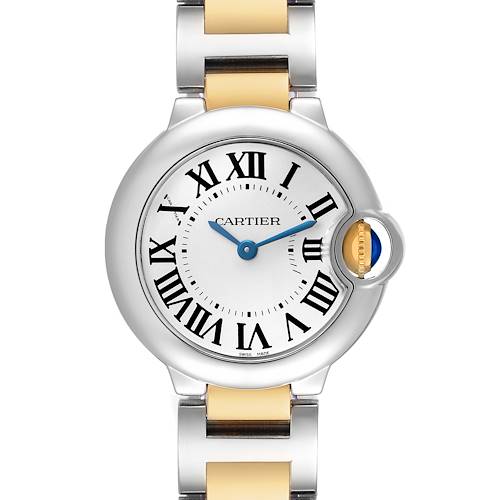 The image shows the Cartier Ballon Bleu W69007Z3 Women's Stainless Steel Silver Dial watch from a front angle, highlighting its dial, Roman numerals, and bracelet.