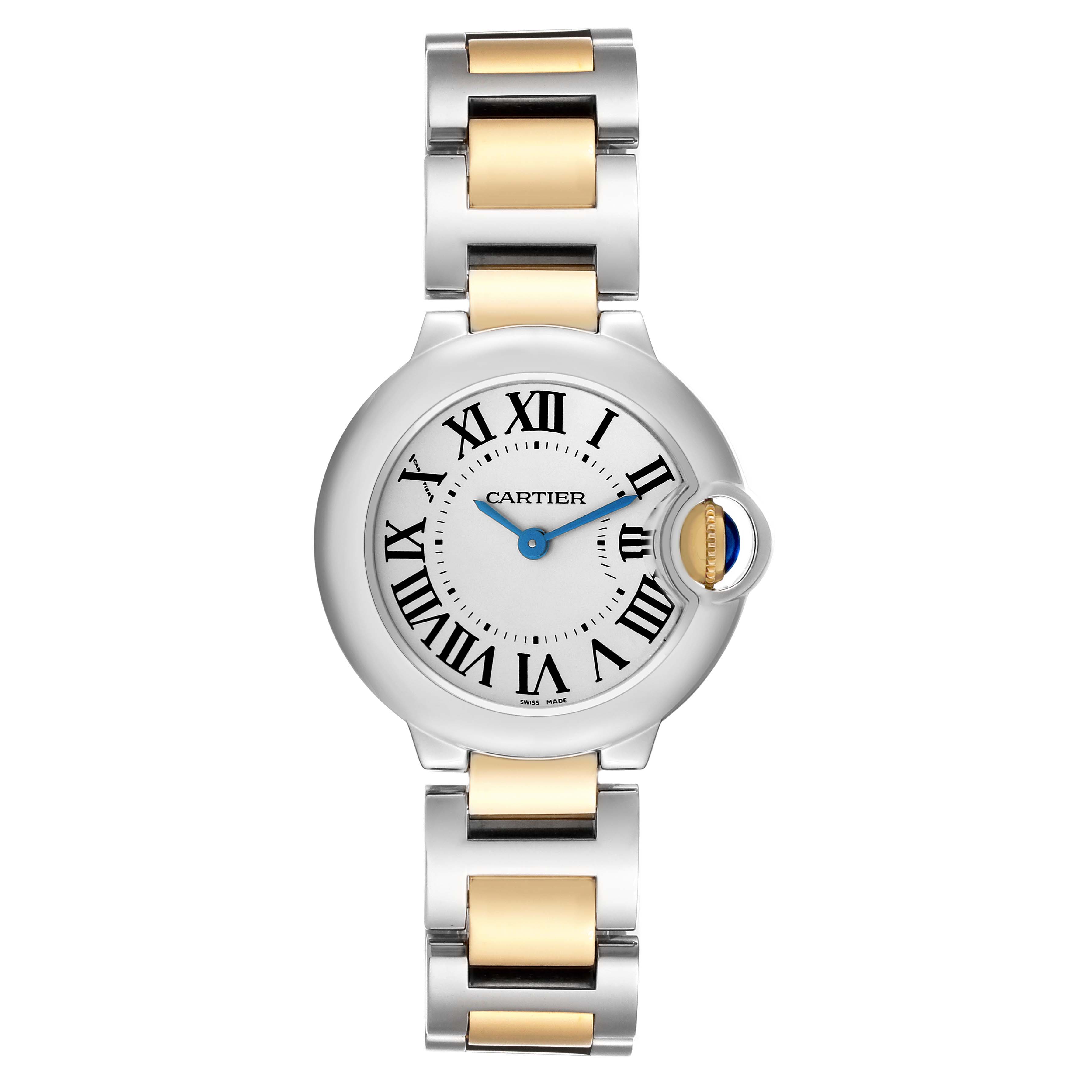The image shows a front view of a Ballon Bleu de Cartier watch, displaying its dial, case, and bracelet.