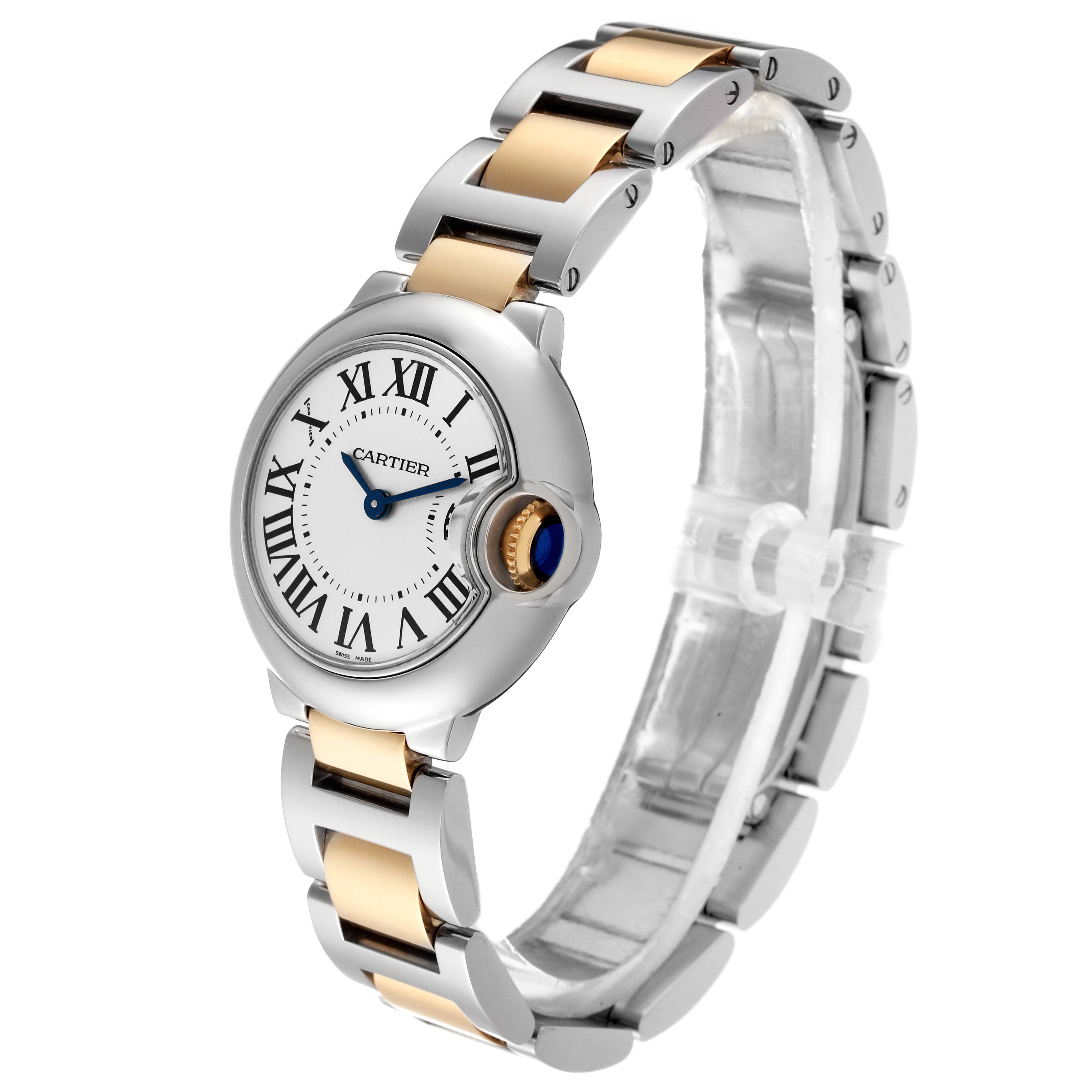 The image shows a front-side angle of the Cartier Ballon Bleu W69007Z3 Women's Steel and Gold (two tone) Silver Dial W69007Z3 Women's Steel and Gold (two tone) Silver Dial watch, displaying the face, bezel, and two-tone band.