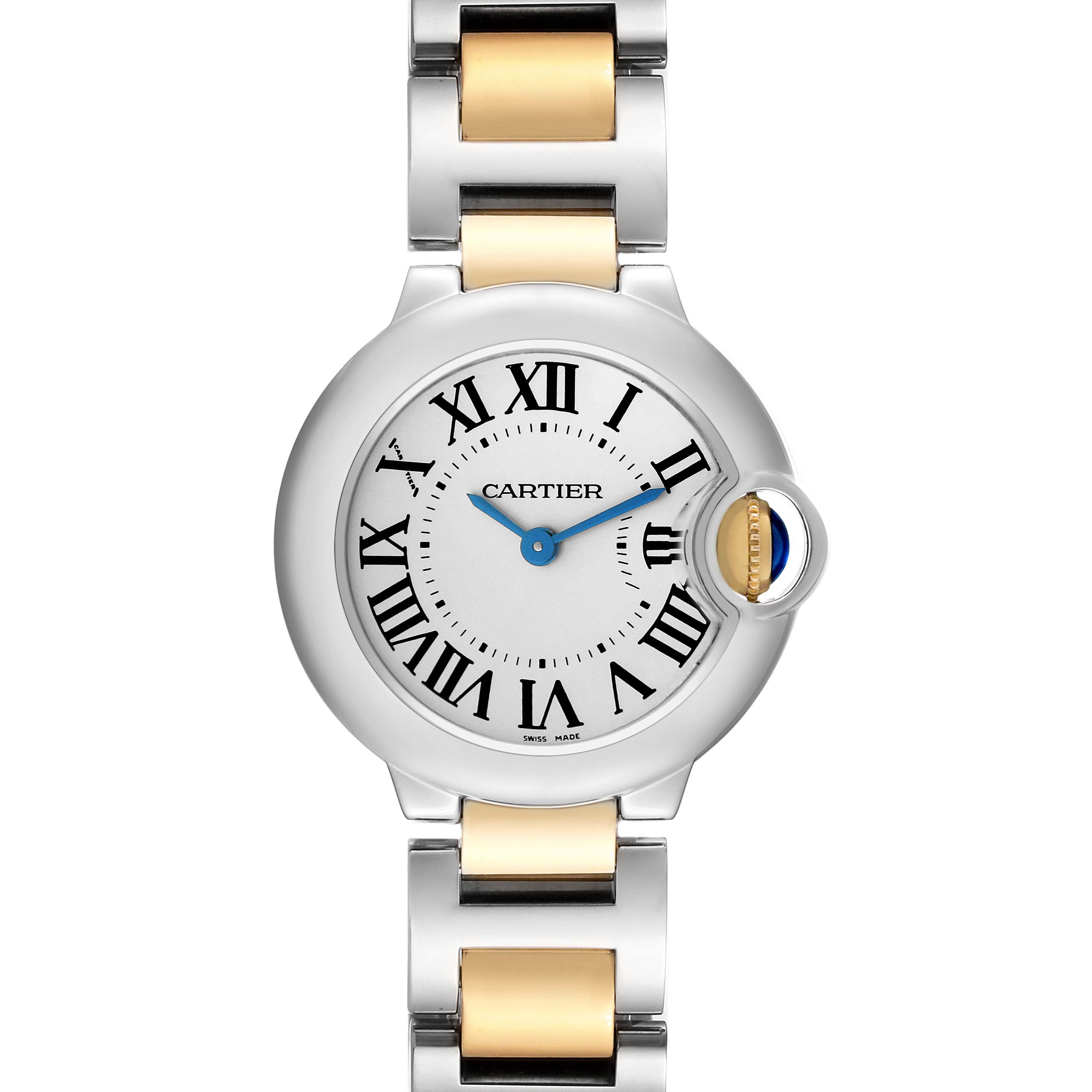 The image shows a front view of a Ballon Bleu model by Cartier, displaying its round face, Roman numerals, and metal bracelet.