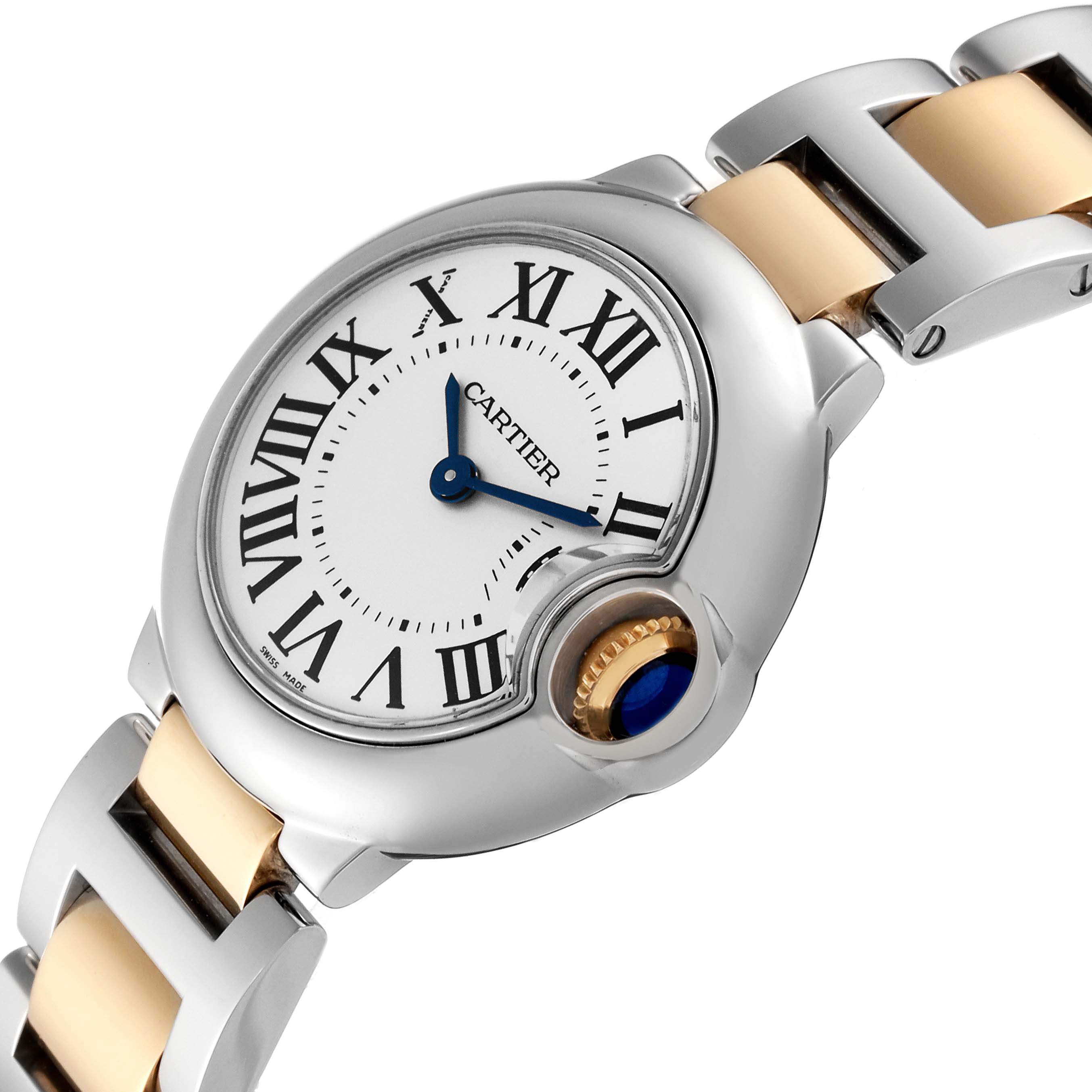 The image shows a Cartier Ballon Bleu W69007Z3 Women's Steel and Gold (two tone) Silver Dial W69007Z3 Women's Steel and Gold (two tone) Silver Dial watch from an angled view, showcasing its dial, Roman numerals, and part of the bracelet.