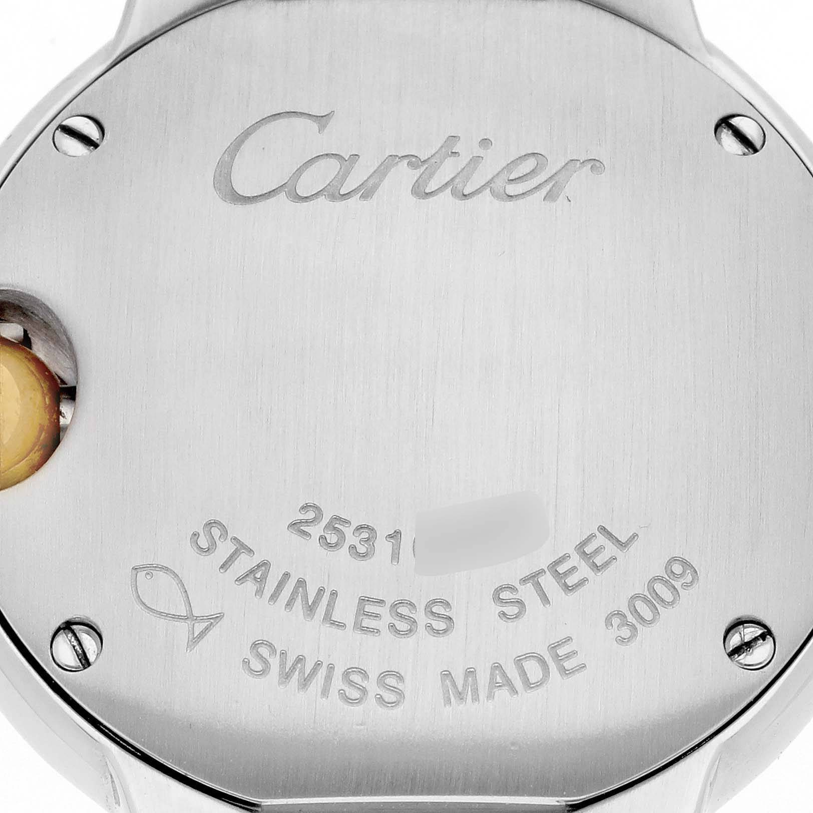 The image shows the back case of a Cartier Ballon Bleu W69007Z3 Women's Steel and Gold (two tone) Silver Dial W69007Z3 Women's Steel and Gold (two tone) Silver Dial watch, featuring engravings and screws.