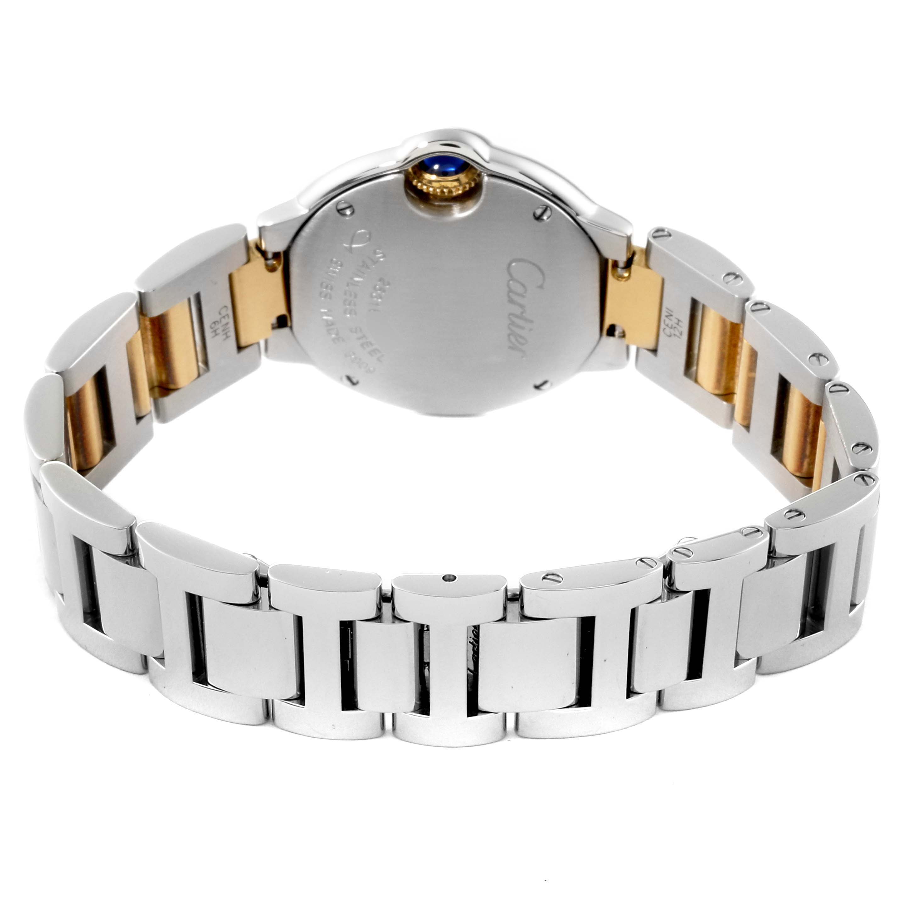 The image shows the back and bracelet of a Cartier Ballon Bleu W69007Z3 Women's Steel and Gold (two tone) Silver Dial W69007Z3 Women's Steel and Gold (two tone) Silver Dial watch, highlighting the metal links and clasp mechanism.