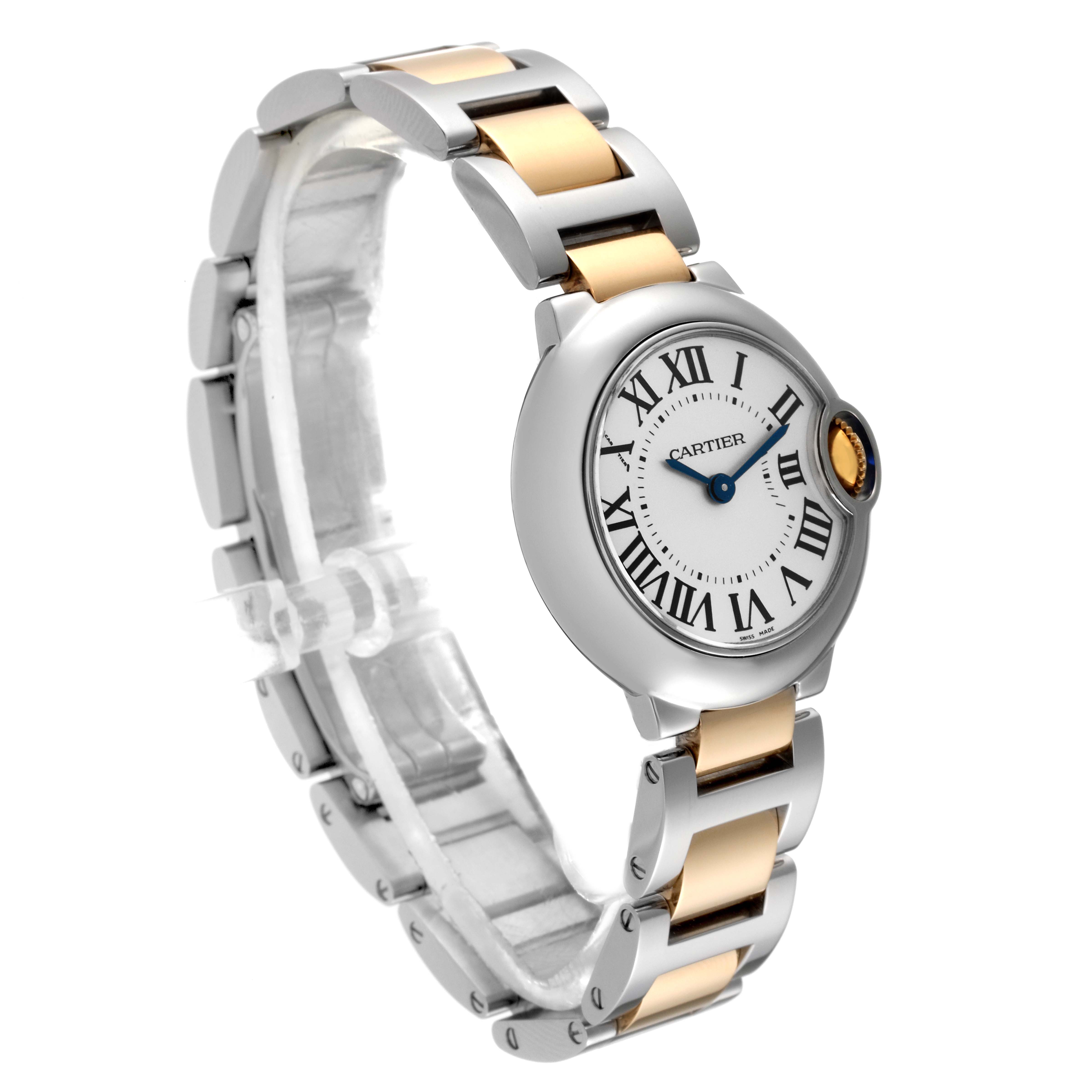 The image shows a side view of the Cartier Ballon Bleu W69007Z3 Women's Steel and Gold (two tone) Silver Dial W69007Z3 Women's Steel and Gold (two tone) Silver Dial watch, highlighting its two-tone metal bracelet and round face with Roman numerals.