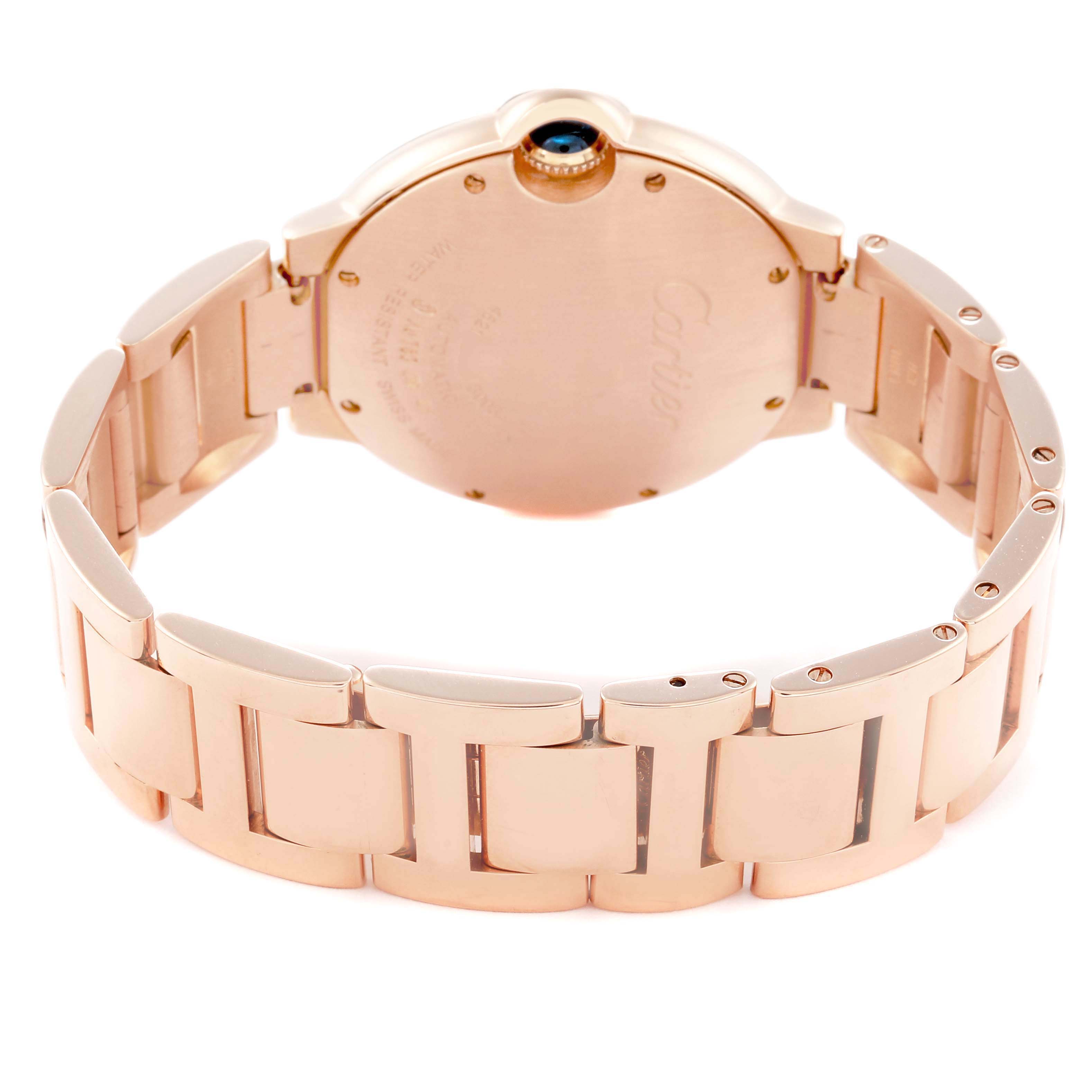 The image shows the back of the Cartier Ballon Bleu Men's watch, model number W69004Z2, highlighting the rear case and bracelet links.