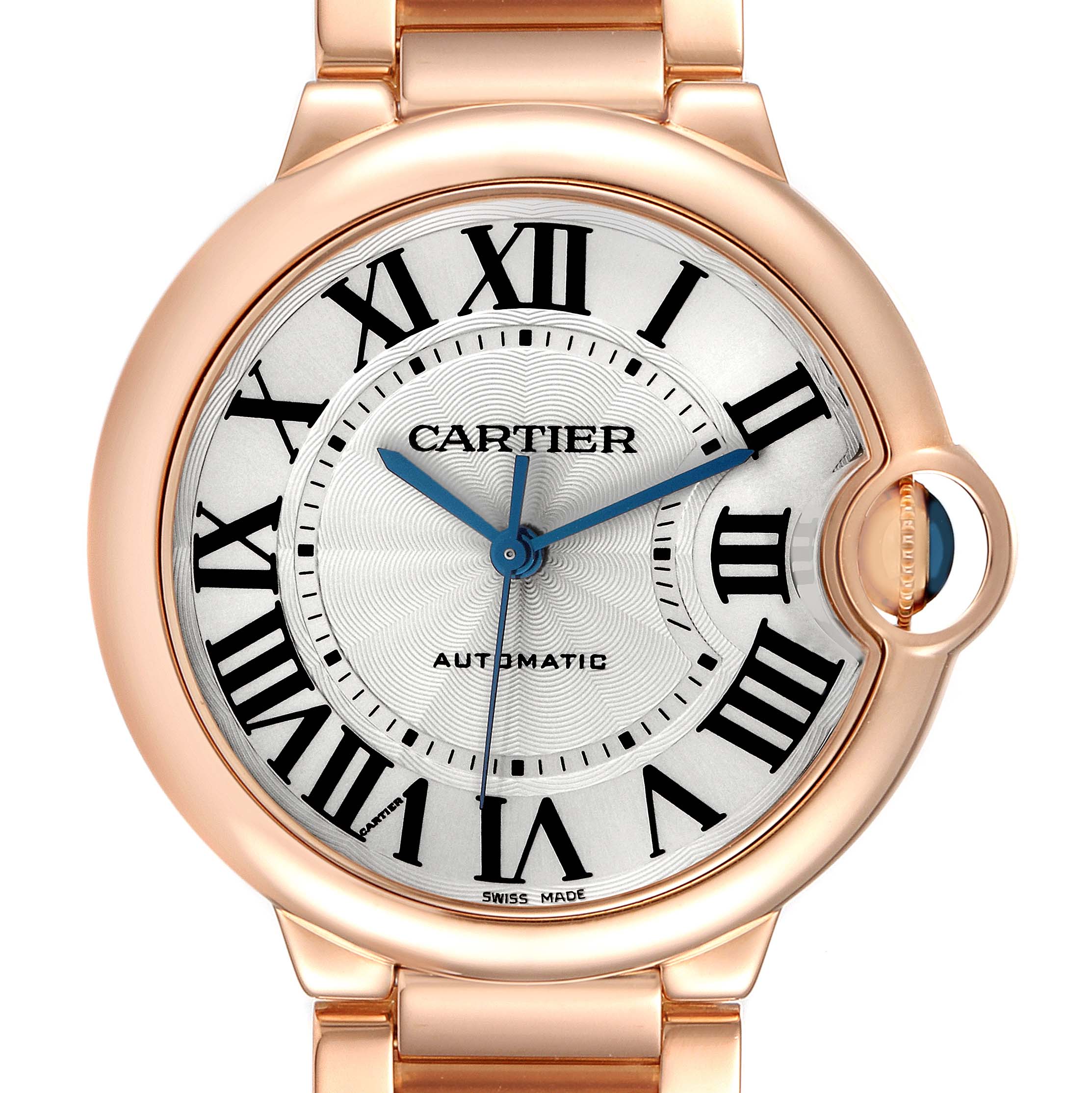 The Cartier Ballon Bleu W69004Z2 watch is shown from a front angle, displaying its face, roman numerals, blue hands, and distinctive crown.