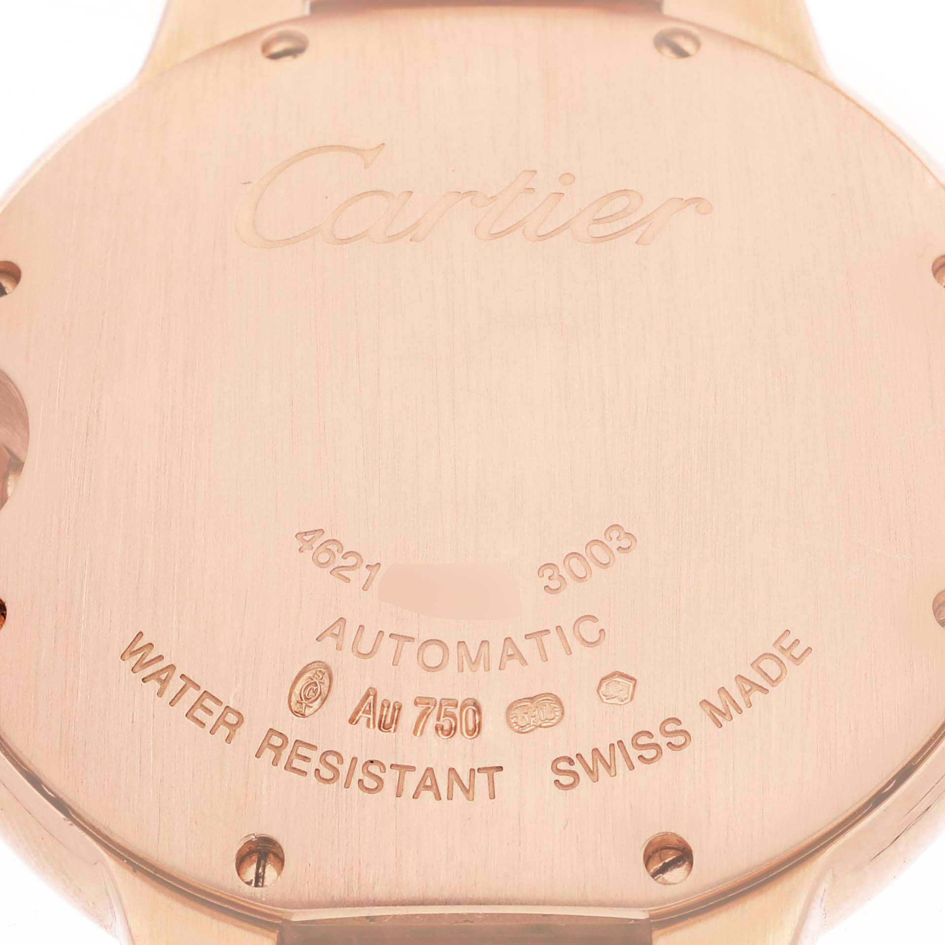 The image shows the case back of the Cartier Ballon Bleu model, model number W69004Z2, showing markings like "Automatic," "Water Resistant," and "Swiss Made."