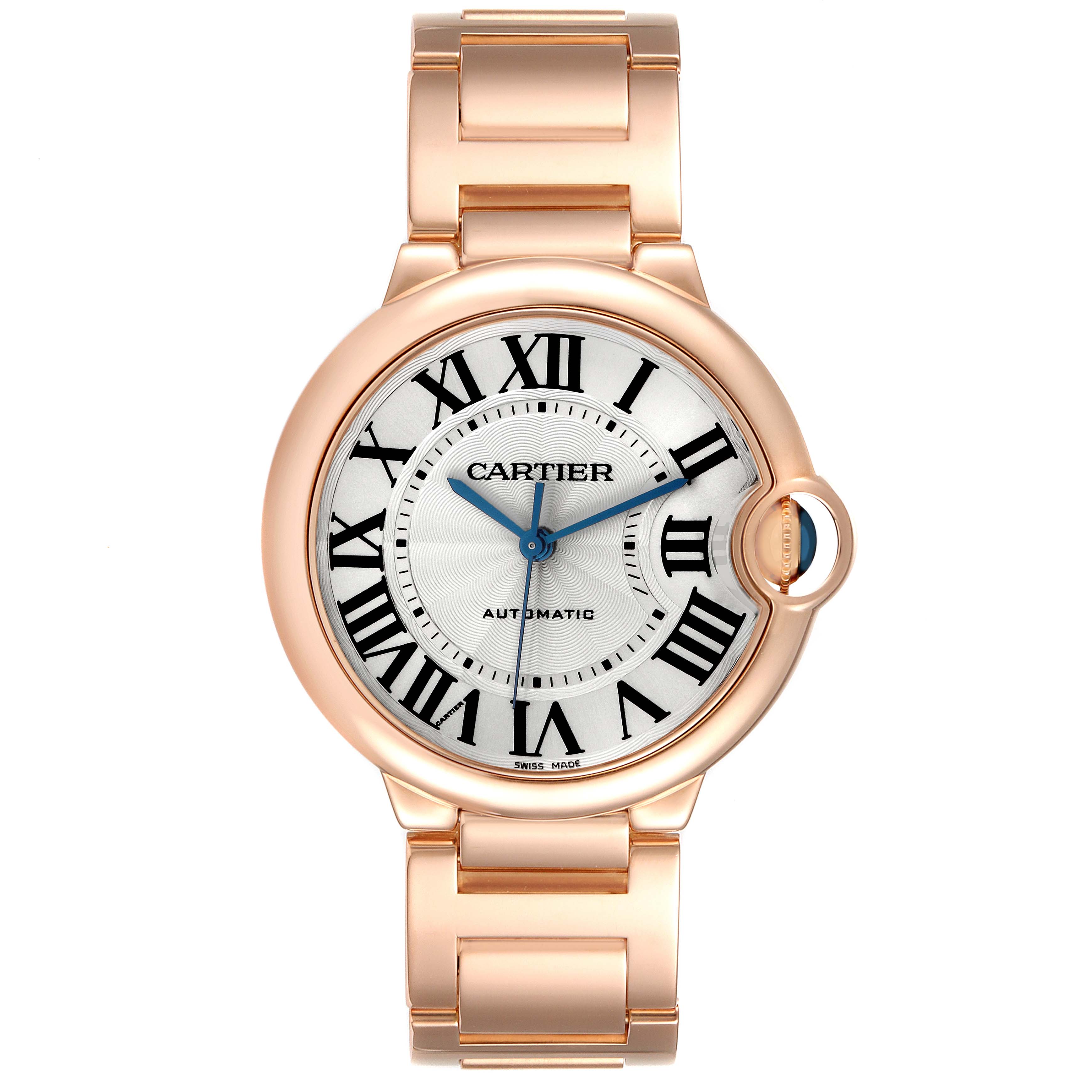 The image shows a front view of the Cartier Ballon Bleu men's watch, model number W69004Z2, highlighting the face, Roman numerals, blue hands, and crown.