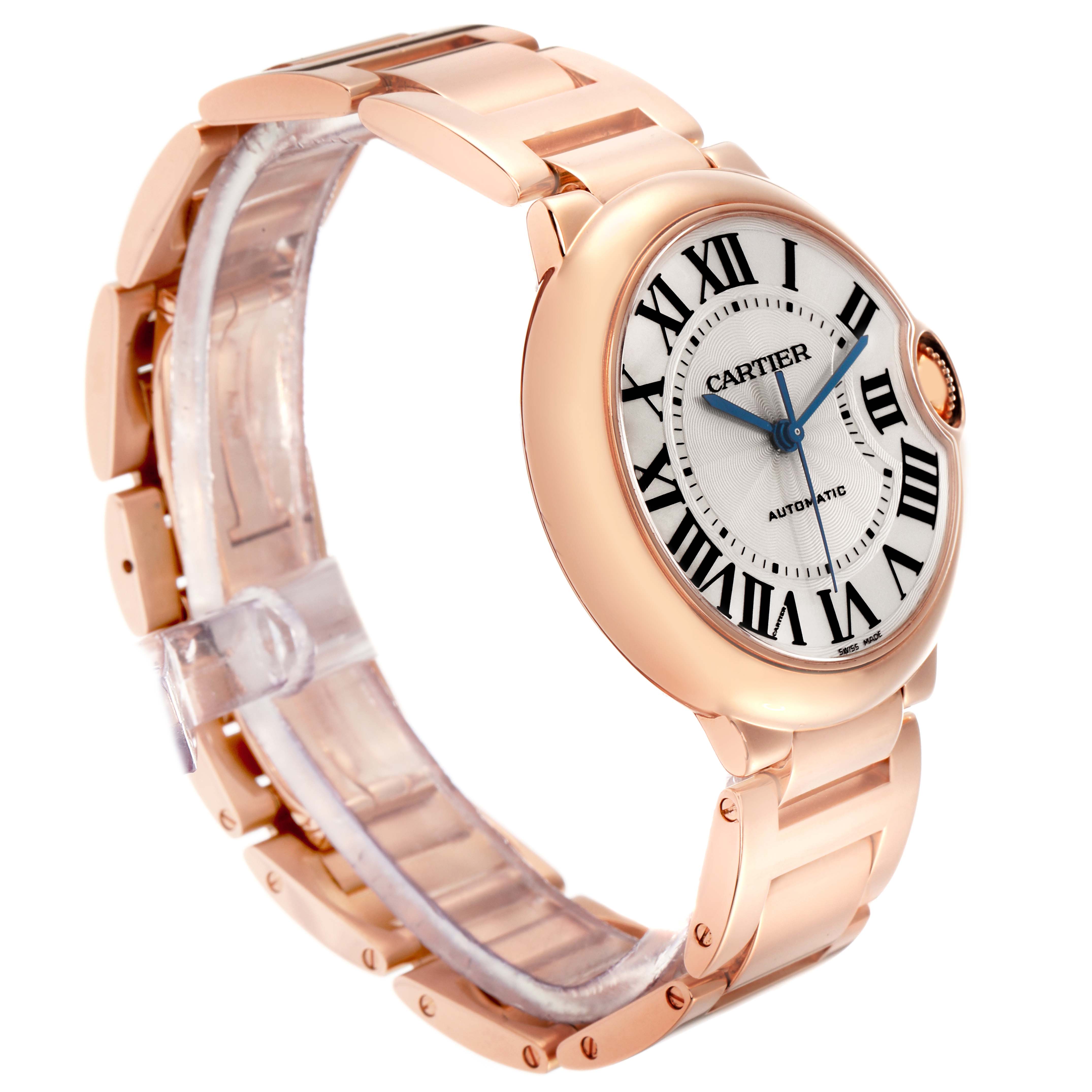 The image shows a Cartier Ballon Bleu men's watch, model W69004Z2, angled from the side, displaying the bracelet, case, dial, and Roman numerals.