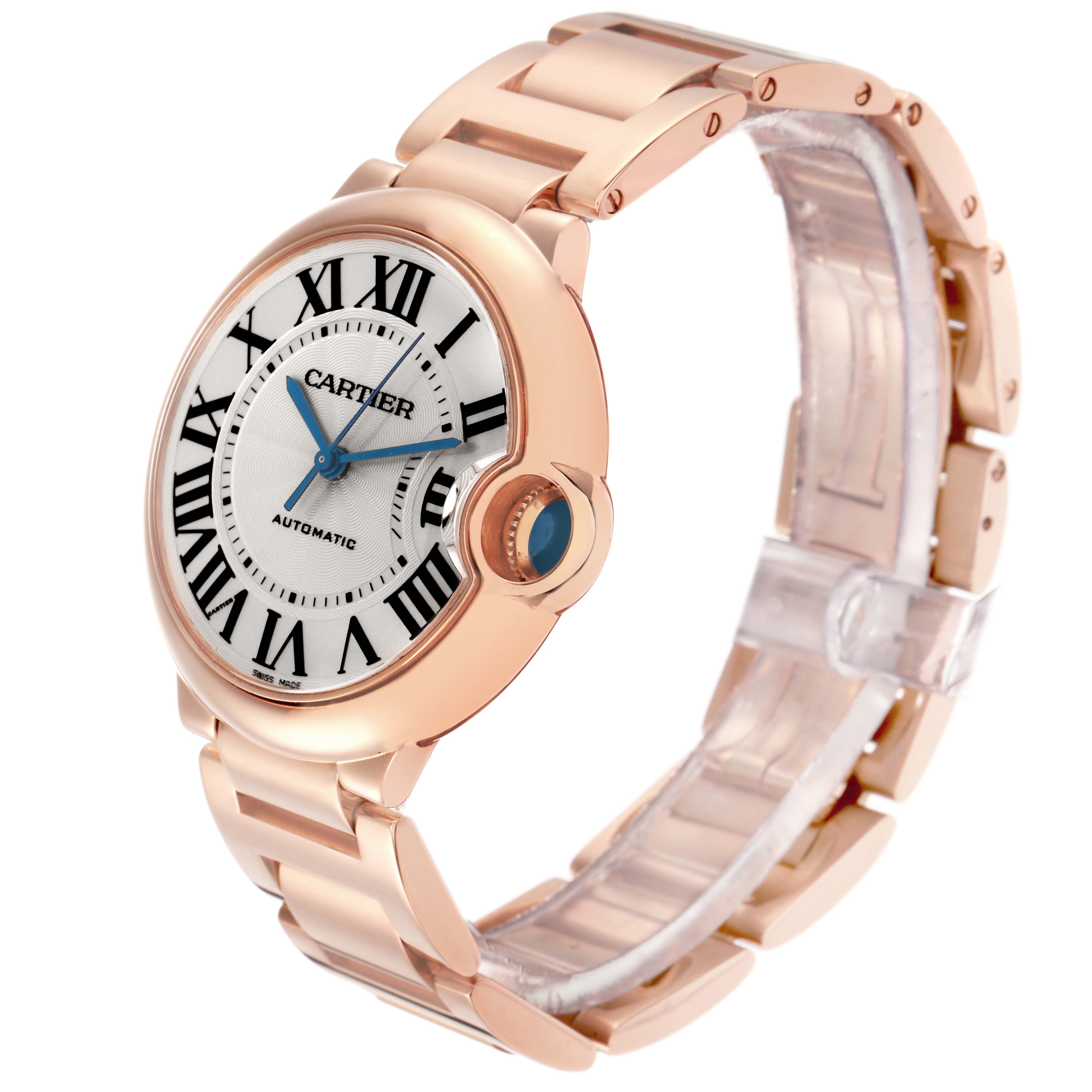 The Cartier Ballon Bleu model W69004Z2 men’s watch is shown at an angled side-view, highlighting the elegant bracelet and distinctive round case.