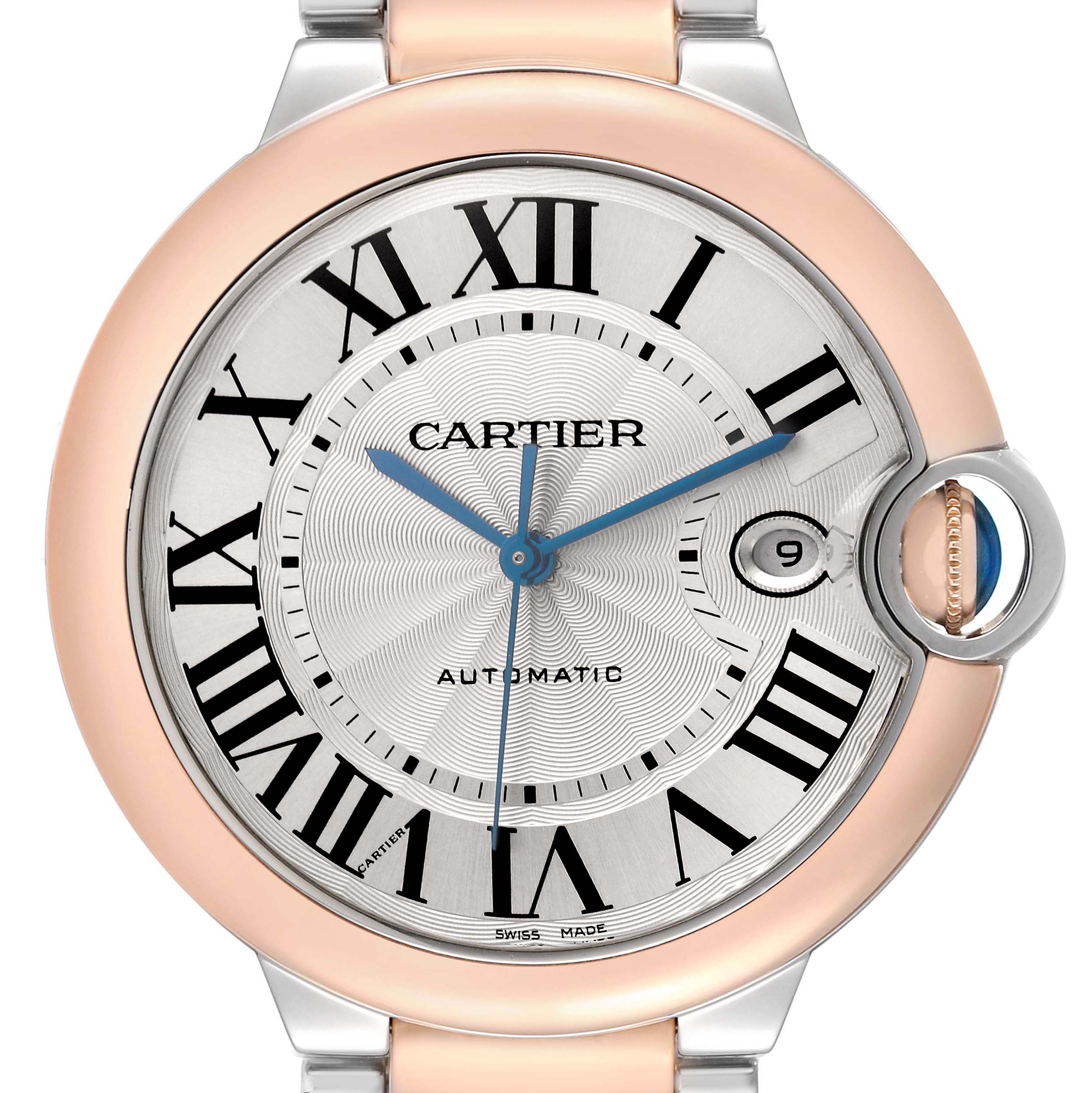 The Cartier Ballon Bleu model W2BB0004 watch is shown from a frontal angle, highlighting the face, Roman numerals, and distinctive crown design.