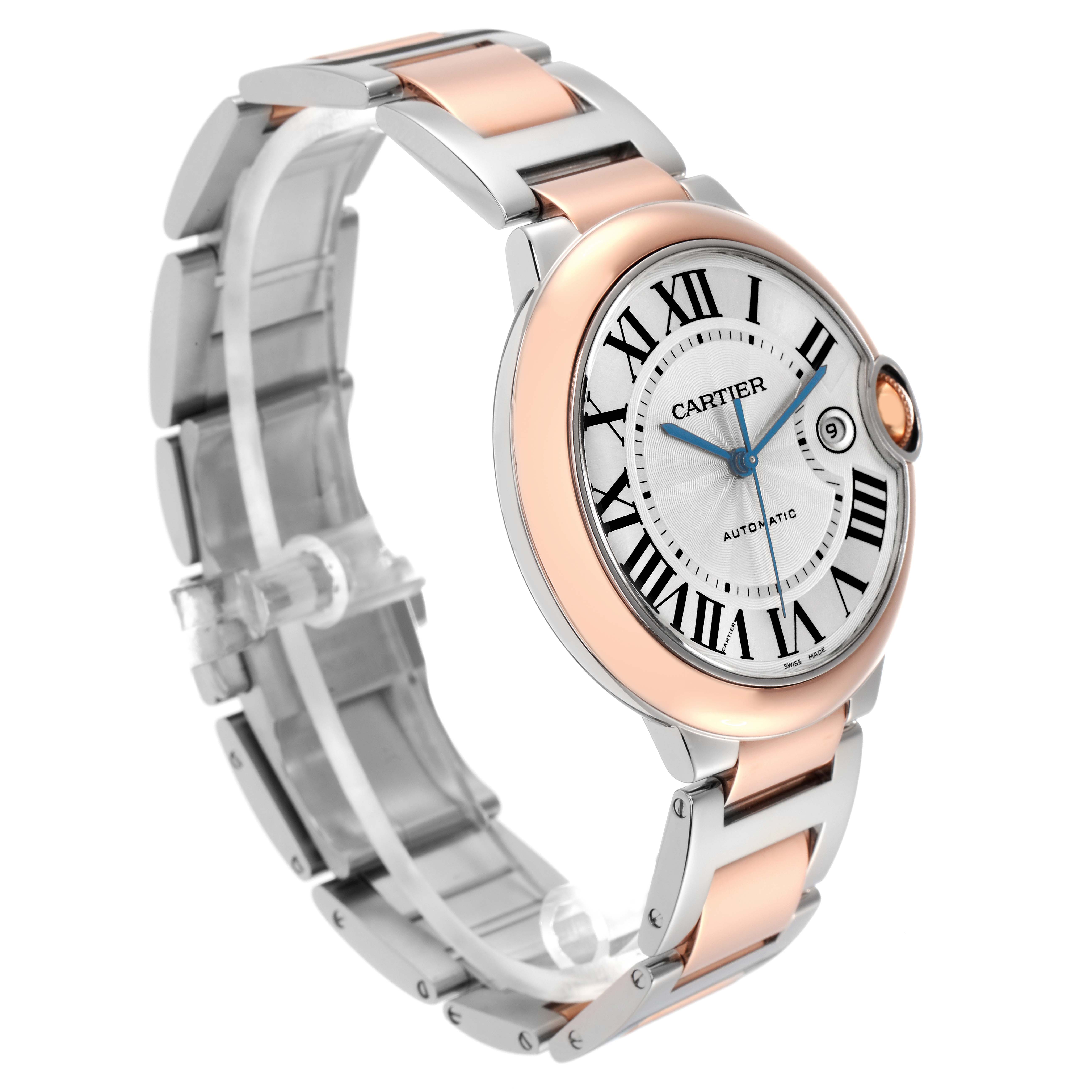 The Cartier Ballon Bleu model W2BB0004 men's watch is shown at an angled side view, highlighting its round case, Roman numeral dial, crown, and two-tone bracelet.