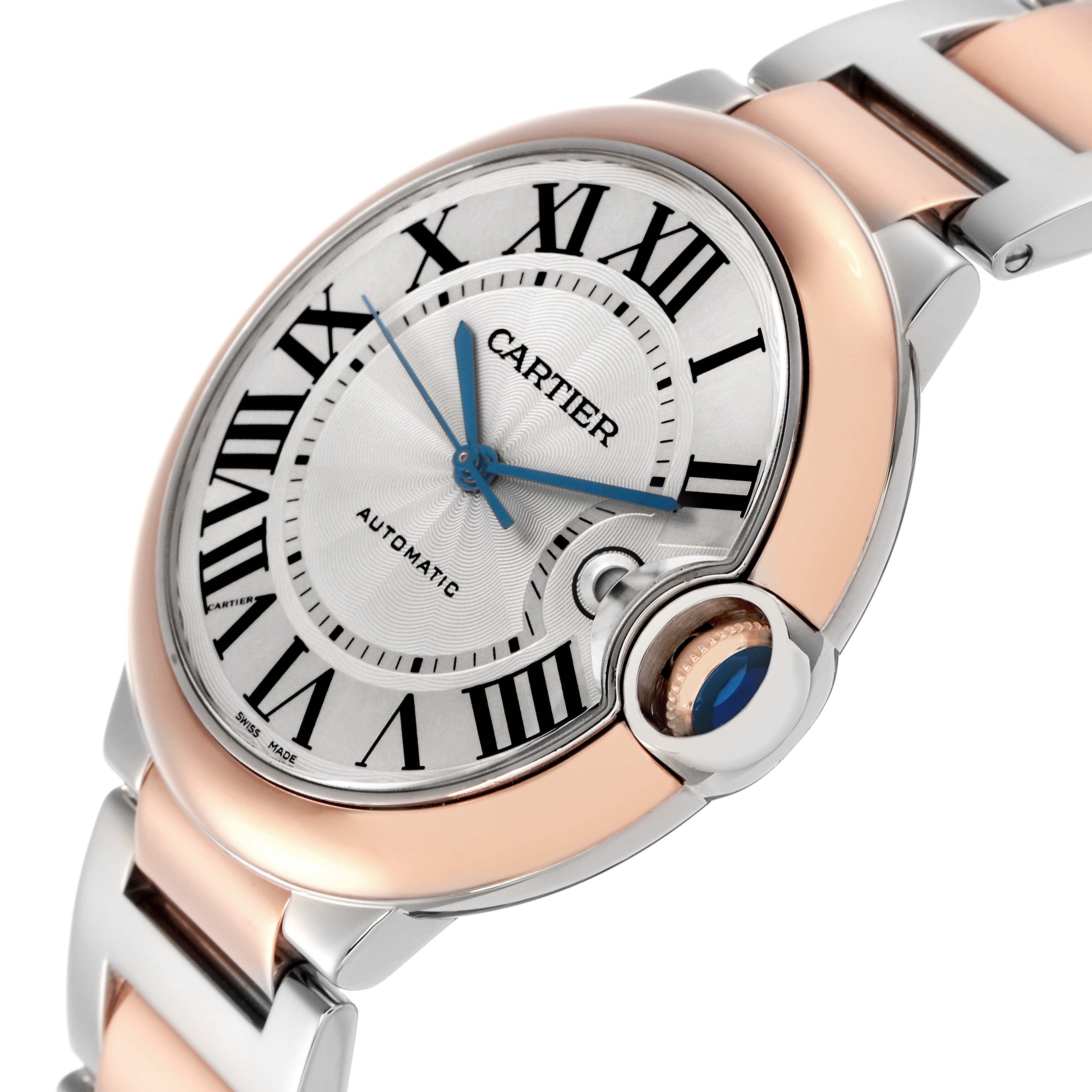 The Cartier Ballon Bleu model W2BB0004 watch is shown at an angle highlighting its face, Roman numerals, blue hands, and the crown with a blue cabochon.