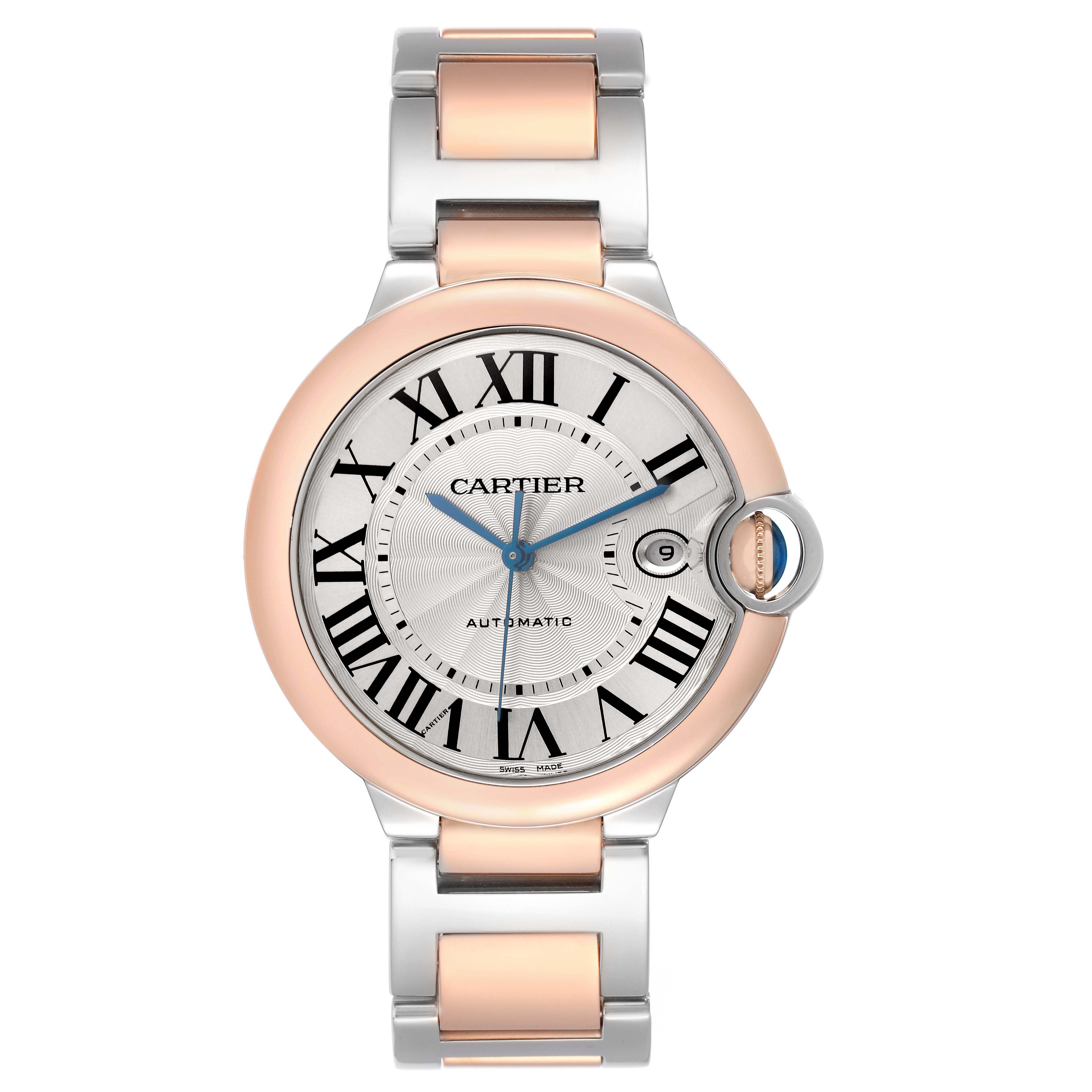 The Cartier Ballon Bleu W2BB0004 men's watch is shown from a front angle, highlighting the dial, bezel, and bracelet with its two-tone design.