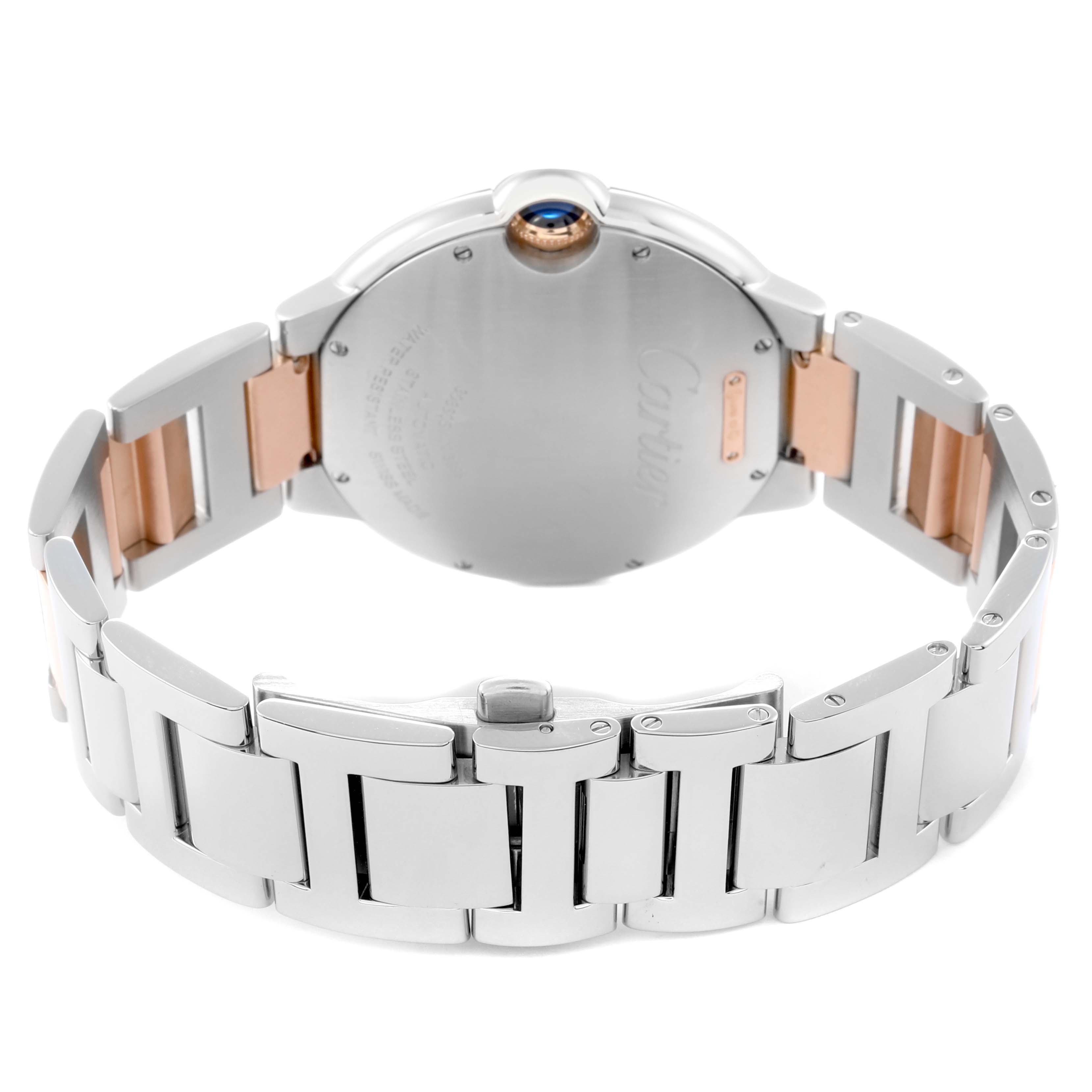 The image shows the back and bracelet of a Cartier Ballon Bleu, model W2BB0004, men's watch, highlighting its two-tone metal links and signed case back.